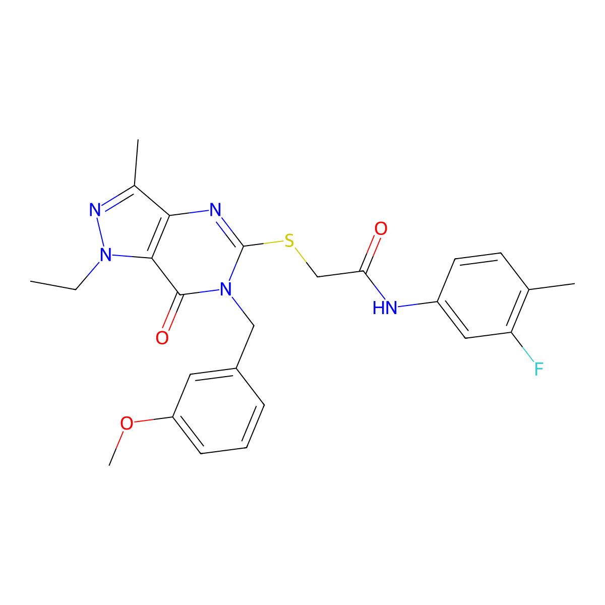 2-({1-ethyl-6-[(3-methoxyphenyl)methyl]-3-methyl-7-oxo-1H,6H,7H-pyrazolo[4,3-d]pyrimidin-5-yl}sulfanyl)-N-(3-fluoro-4-methylphenyl)acetamide molecular structure, CAS 1359084-25-5