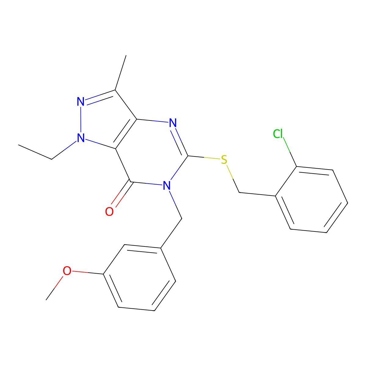5-((2-chlorobenzyl)thio)-1-ethyl-6-(3-methoxybenzyl)-3-methyl-1H-pyrazolo[4,3-d]pyrimidin-7(6H)-one molecular structure, CAS 1359084-52-8