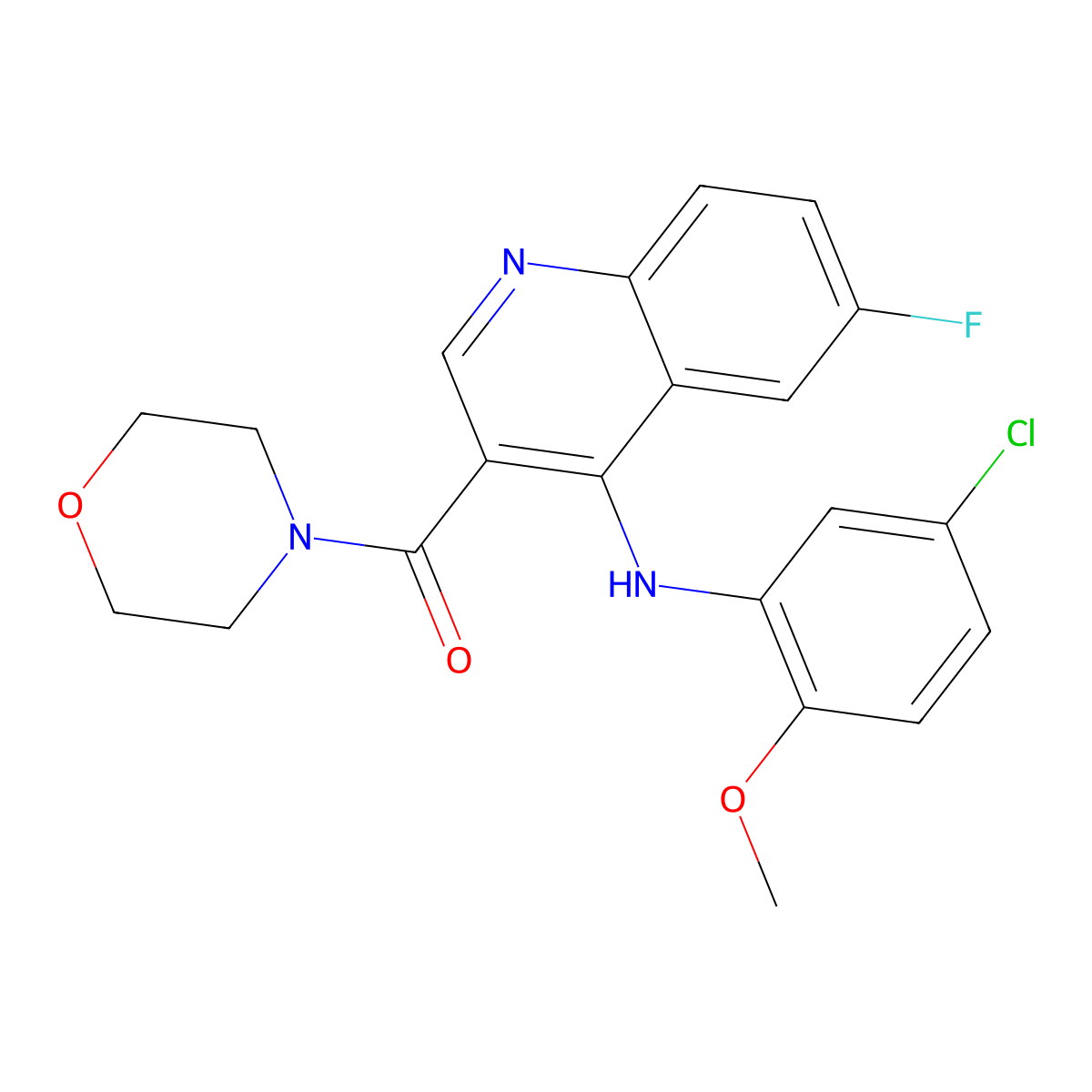 (4-((5-Chloro-2-methoxyphenyl)amino)-6-fluoroquinolin-3-yl)(morpholino)methanone molecular structure, CAS 1359086-86-4
