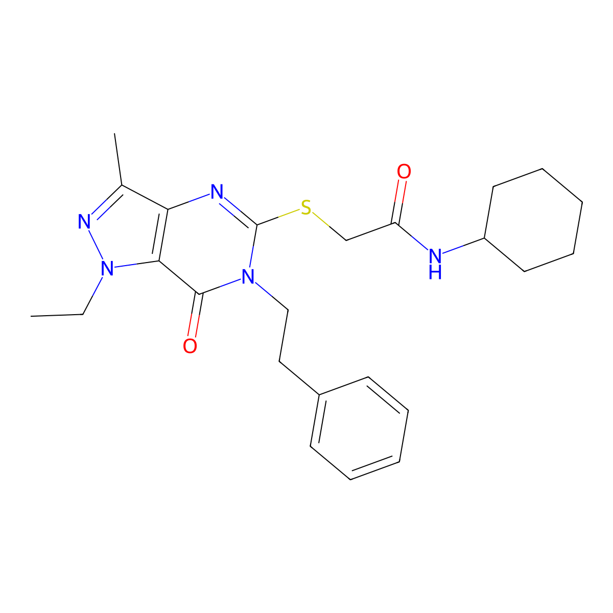 N-cyclohexyl-2-{[1-ethyl-3-methyl-7-oxo-6-(2-phenylethyl)-1H,6H,7H-pyrazolo[4,3-d]pyrimidin-5-yl]sulfanyl}acetamide molecular structure, CAS 1359128-15-6