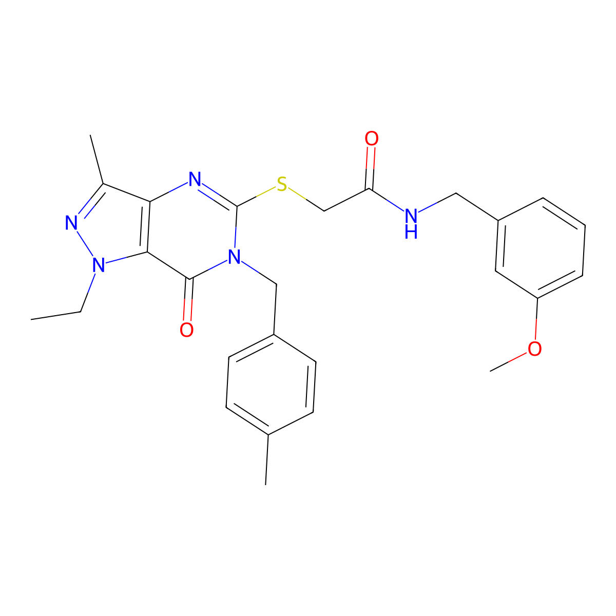 2-({1-ethyl-3-methyl-6-[(4-methylphenyl)methyl]-7-oxo-1H,6H,7H-pyrazolo[4,3-d]pyrimidin-5-yl}sulfanyl)-N-[(3-methoxyphenyl)methyl]acetamide molecular structure, CAS 1359128-53-2