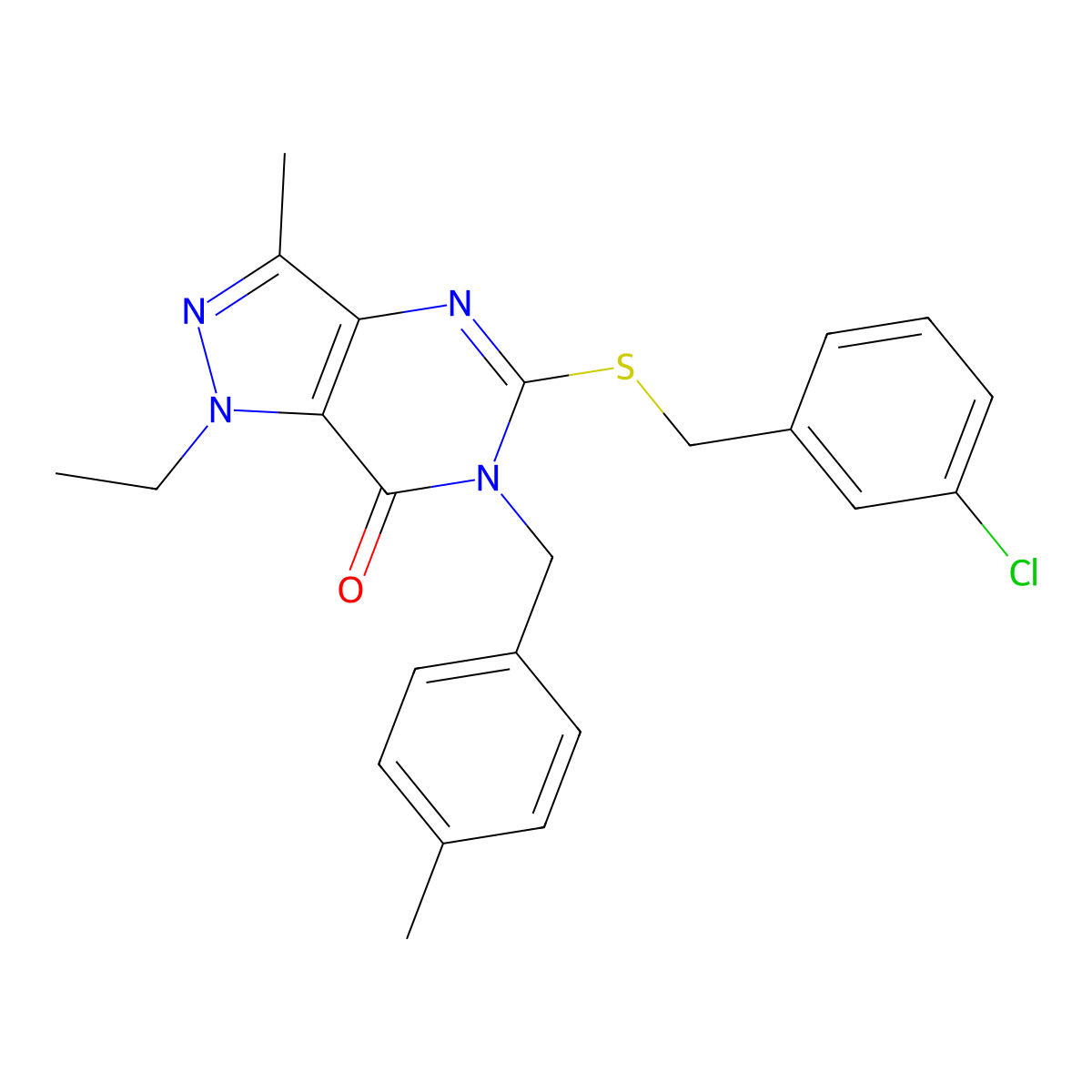 5-((3-chlorobenzyl)thio)-1-ethyl-3-methyl-6-(4-methylbenzyl)-1H-pyrazolo[4,3-d]pyrimidin-7(6H)-one molecular structure, CAS 1359128-75-8