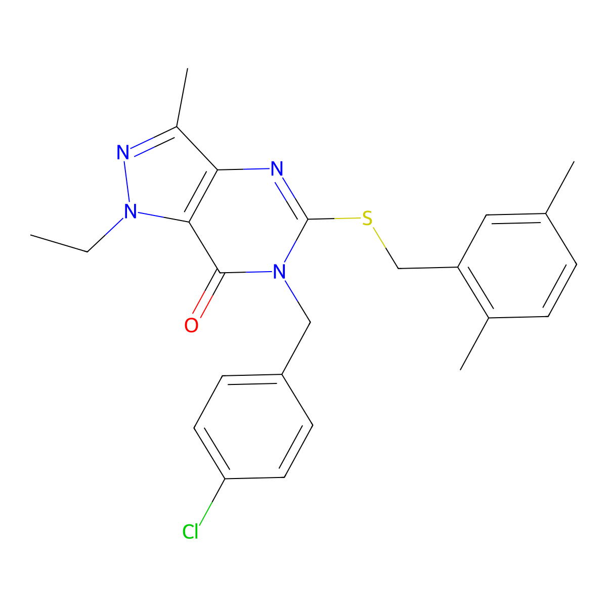 6-(4-chlorobenzyl)-5-((2,5-dimethylbenzyl)thio)-1-ethyl-3-methyl-1H-pyrazolo[4,3-d]pyrimidin-7(6H)-one molecular structure, CAS 1359129-36-4
