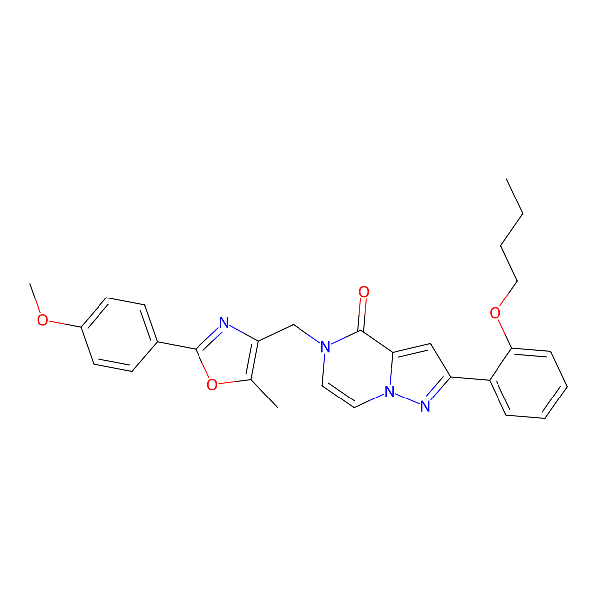 2-(2-butoxyphenyl)-5-((2-(4-methoxyphenyl)-5-methyloxazol-4-yl)methyl)pyrazolo[1,5-a]pyrazin-4(5H)-one molecular structure, CAS 1359129-38-6