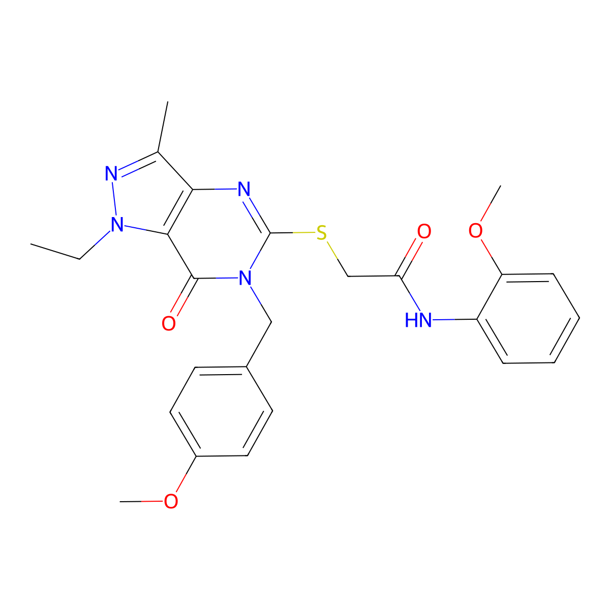 2-({1-ethyl-6-[(4-methoxyphenyl)methyl]-3-methyl-7-oxo-1H,6H,7H-pyrazolo[4,3-d]pyrimidin-5-yl}sulfanyl)-N-(2-methoxyphenyl)acetamide molecular structure, CAS 1359129-48-8