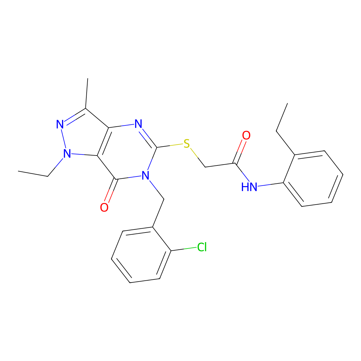 2-({6-[(2-chlorophenyl)methyl]-1-ethyl-3-methyl-7-oxo-1H,6H,7H-pyrazolo[4,3-d]pyrimidin-5-yl}sulfanyl)-N-(2-ethylphenyl)acetamide molecular structure, CAS 1359130-50-9