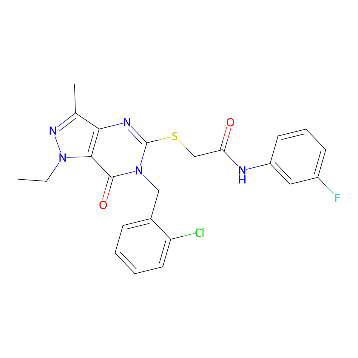 2-((6-(2-chlorobenzyl)-1-ethyl-3-methyl-7-oxo-6,7-dihydro-1H-pyrazolo[4,3-d]pyrimidin-5-yl)thio)-N-(3-fluorophenyl)acetamide molecular structure, CAS 1359130-63-4
