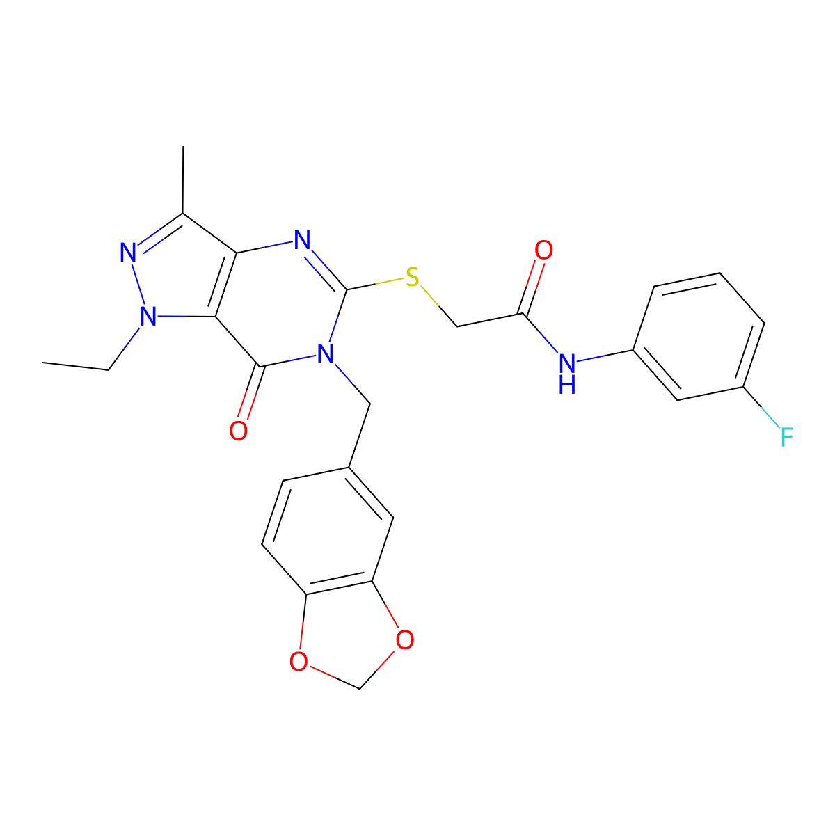 2-((6-(benzo[d][1,3]dioxol-5-ylmethyl)-1-ethyl-3-methyl-7-oxo-6,7-dihydro-1H-pyrazolo[4,3-d]pyrimidin-5-yl)thio)-N-(3-fluorophenyl)acetamide molecular structure, CAS 1359130-94-1