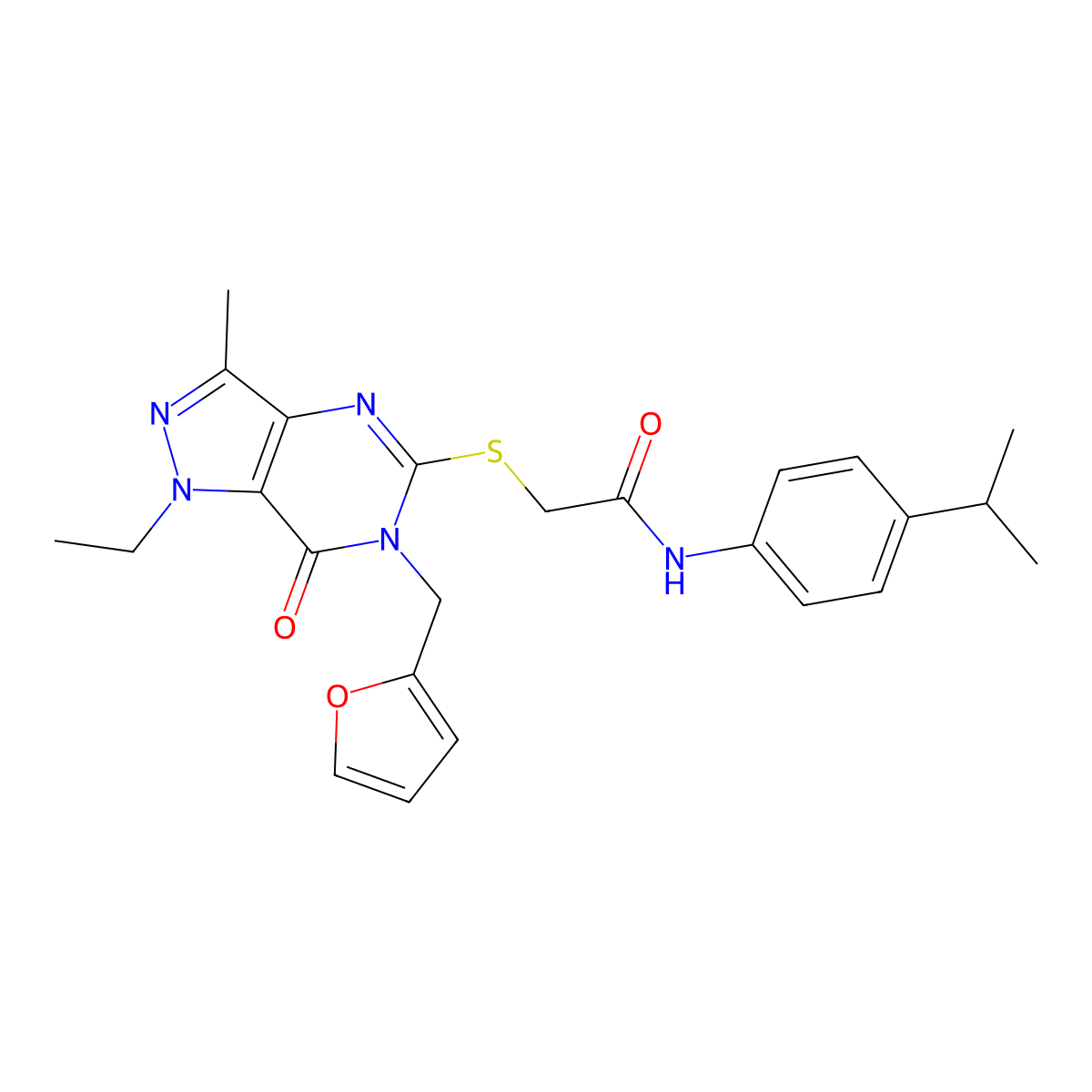2-((1-ethyl-6-(furan-2-ylmethyl)-3-methyl-7-oxo-6,7-dihydro-1H-pyrazolo[4,3-d]pyrimidin-5-yl)thio)-N-(4-isopropylphenyl)acetamide molecular structure, CAS 1359131-69-3