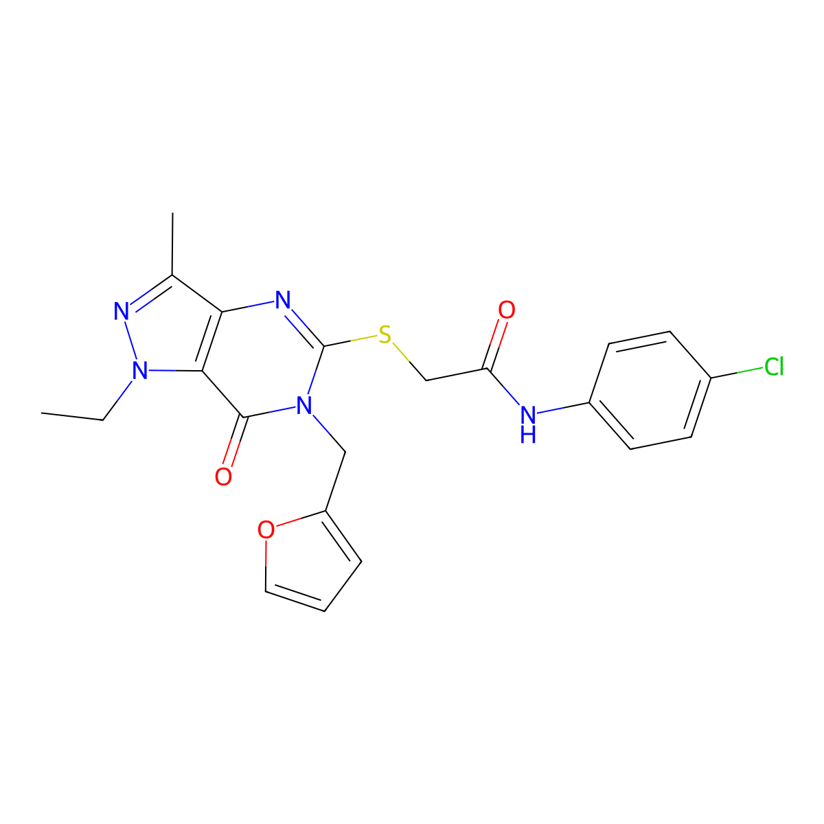 N-(4-chlorophenyl)-2-((1-ethyl-6-(furan-2-ylmethyl)-3-methyl-7-oxo-6,7-dihydro-1H-pyrazolo[4,3-d]pyrimidin-5-yl)thio)acetamide molecular structure, CAS 1359132-00-5