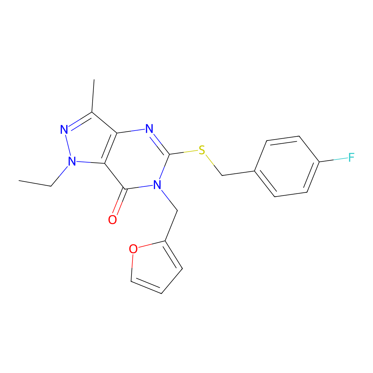 1-ethyl-5-((4-fluorobenzyl)thio)-6-(furan-2-ylmethyl)-3-methyl-1H-pyrazolo[4,3-d]pyrimidin-7(6H)-one molecular structure, CAS 1359132-39-0