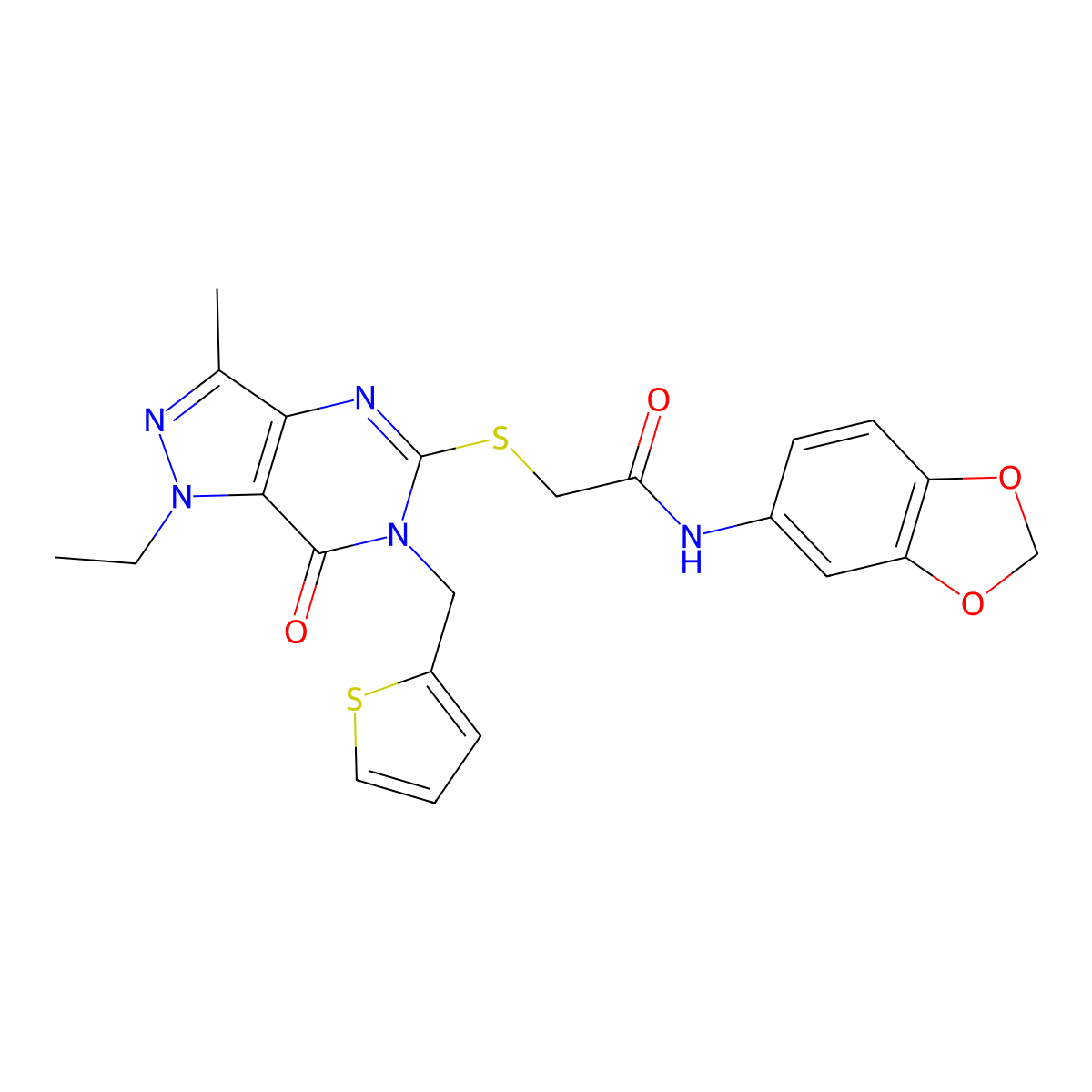 N-(2H-1,3-benzodioxol-5-yl)-2-({1-ethyl-3-methyl-7-oxo-6-[(thiophen-2-yl)methyl]-1H,6H,7H-pyrazolo[4,3-d]pyrimidin-5-yl}sulfanyl)acetamide molecular structure, CAS 1359132-98-1