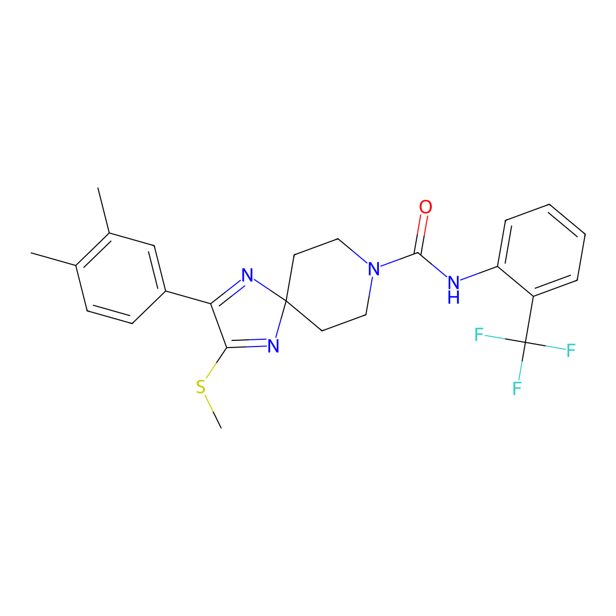 2-(3,4-dimethylphenyl)-3-(methylthio)-N-(2-(trifluoromethyl)phenyl)-1,4,8-triazaspiro[4.5]deca-1,3-diene-8-carboxamide molecular structure, CAS 1359133-66-6