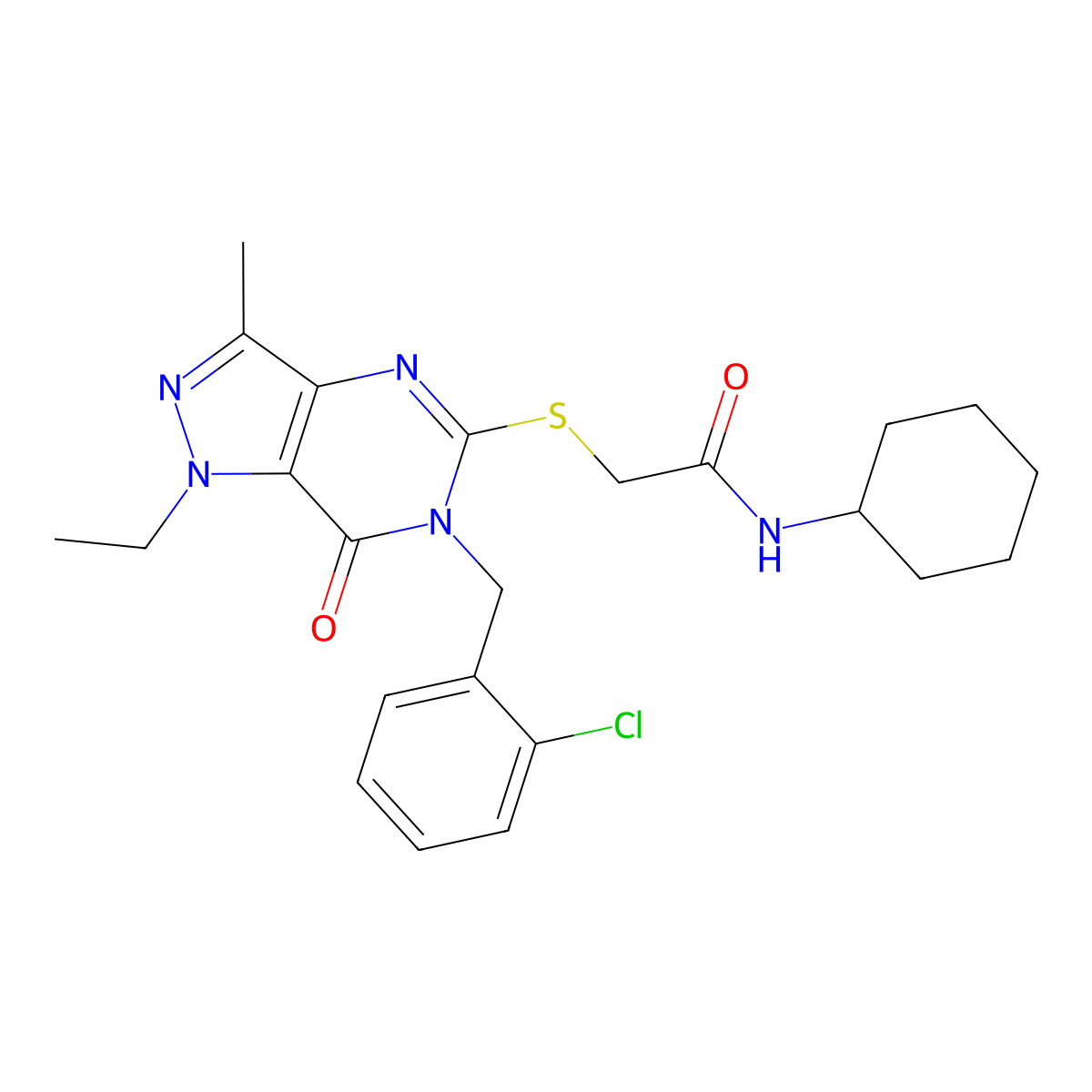2-((6-(2-chlorobenzyl)-1-ethyl-3-methyl-7-oxo-6,7-dihydro-1H-pyrazolo[4,3-d]pyrimidin-5-yl)thio)-N-cyclohexylacetamide molecular structure, CAS 1359173-27-5