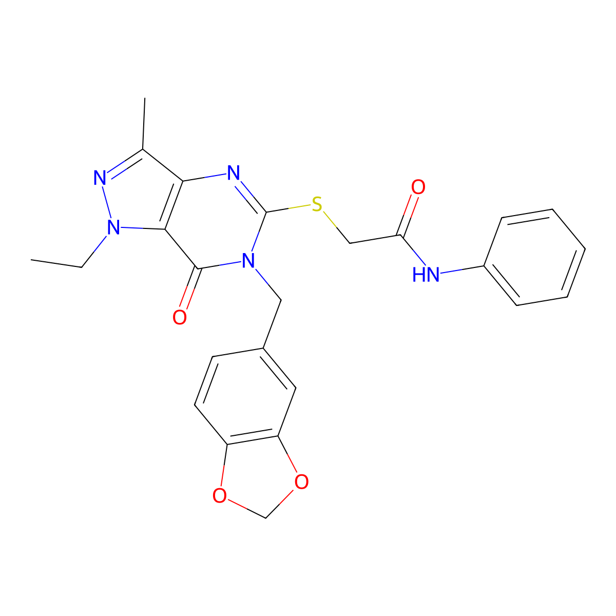 2-((6-(benzo[d][1,3]dioxol-5-ylmethyl)-1-ethyl-3-methyl-7-oxo-6,7-dihydro-1H-pyrazolo[4,3-d]pyrimidin-5-yl)thio)-N-phenylacetamide molecular structure, CAS 1359173-92-4