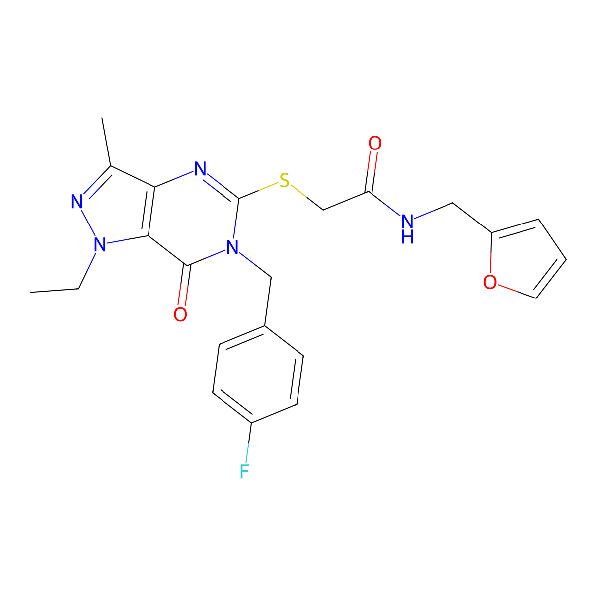 2-((1-ethyl-6-(4-fluorobenzyl)-3-methyl-7-oxo-6,7-dihydro-1H-pyrazolo[4,3-d]pyrimidin-5-yl)thio)-N-(furan-2-ylmethyl)acetamide molecular structure, CAS 1359174-03-0