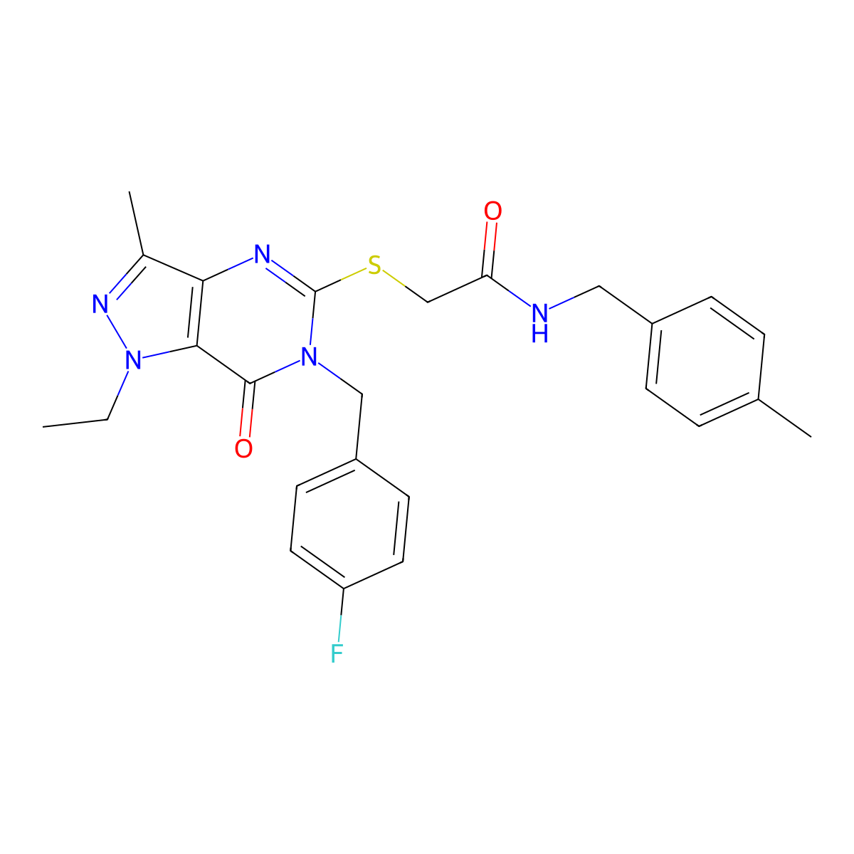 2-({1-ethyl-6-[(4-fluorophenyl)methyl]-3-methyl-7-oxo-1H,6H,7H-pyrazolo[4,3-d]pyrimidin-5-yl}sulfanyl)-N-[(4-methylphenyl)methyl]acetamide molecular structure, CAS 1359174-18-7