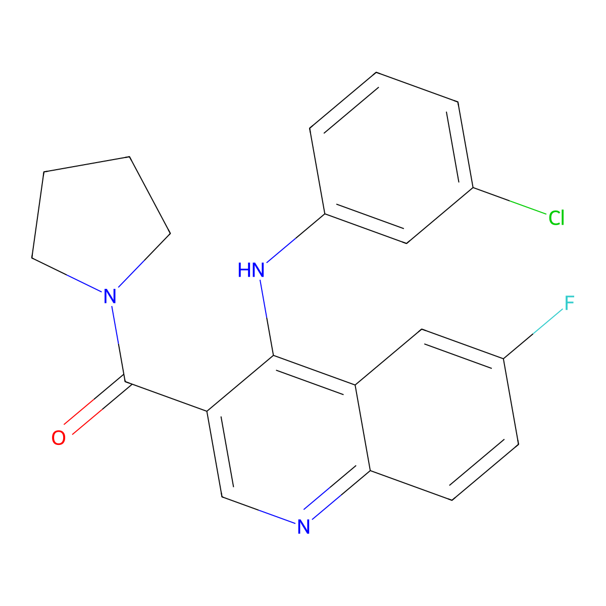 (4-((3-Chlorophenyl)amino)-6-fluoroquinolin-3-yl)(pyrrolidin-1-yl)methanone molecular structure, CAS 1359177-64-2