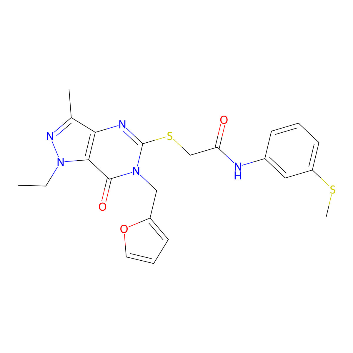 2-((1-ethyl-6-(furan-2-ylmethyl)-3-methyl-7-oxo-6,7-dihydro-1H-pyrazolo[4,3-d]pyrimidin-5-yl)thio)-N-(3-(methylthio)phenyl)acetamide molecular structure, CAS 1359199-42-0