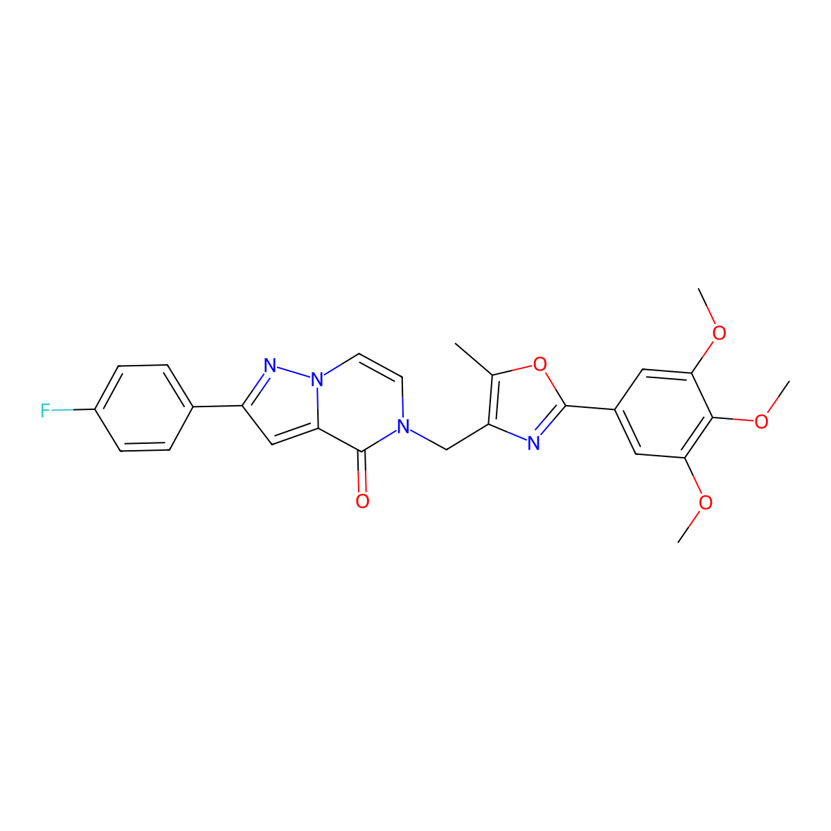 2-(4-fluorophenyl)-5-((5-methyl-2-(3,4,5-trimethoxyphenyl)oxazol-4-yl)methyl)pyrazolo[1,5-a]pyrazin-4(5H)-one molecular structure, CAS 1359207-55-8