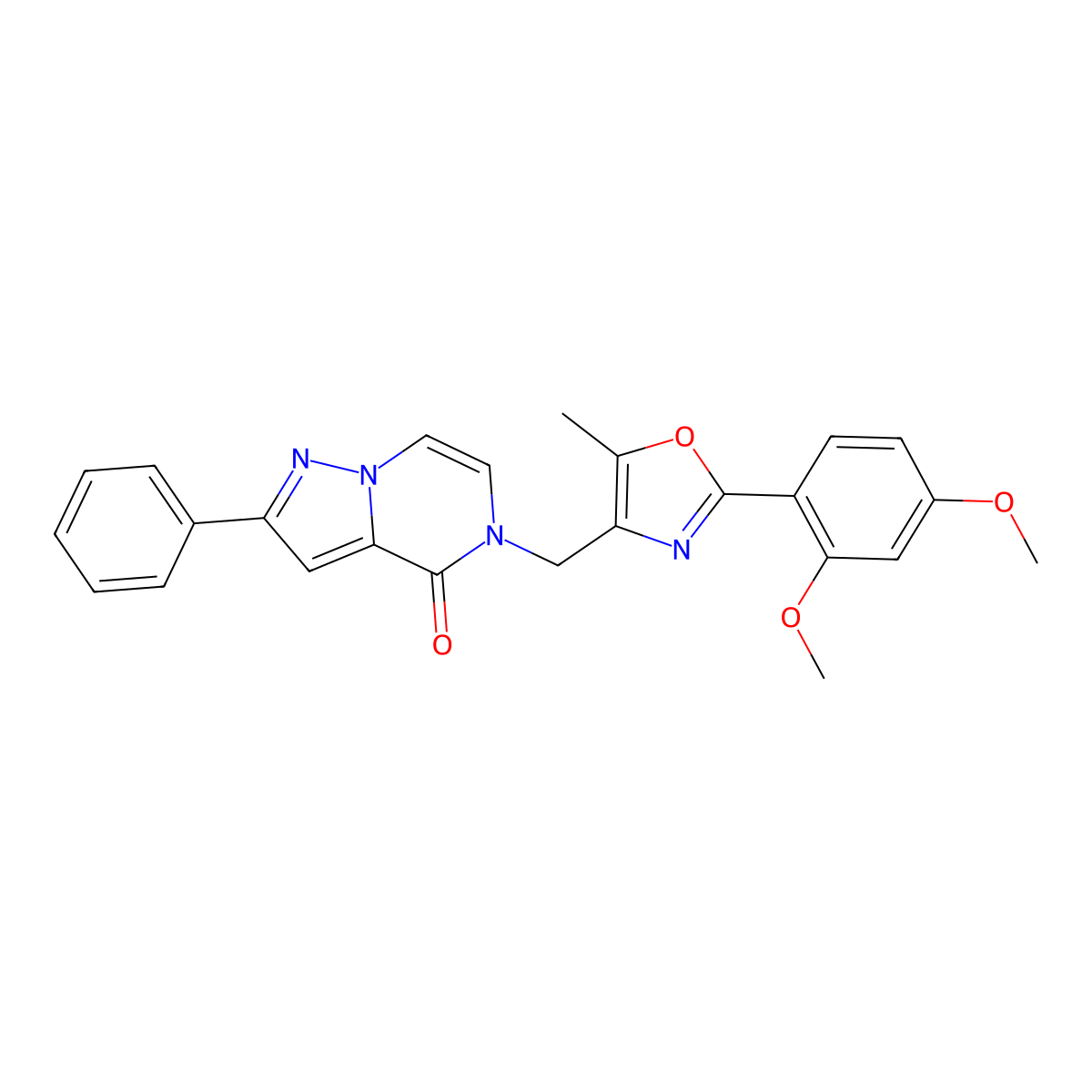 5-((2-(2,4-dimethoxyphenyl)-5-methyloxazol-4-yl)methyl)-2-phenylpyrazolo[1,5-a]pyrazin-4(5H)-one molecular structure, CAS 1359208-49-3
