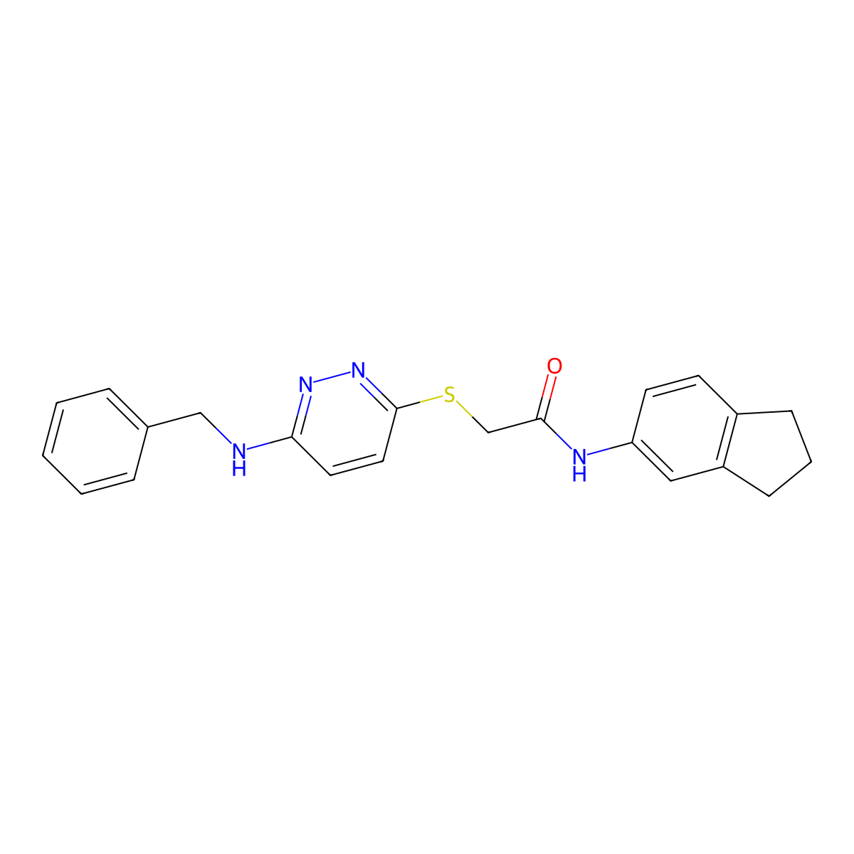 2-((6-(benzylamino)pyridazin-3-yl)thio)-N-(2,3-dihydro-1H-inden-5-yl)acetamide molecular structure, CAS 1359213-56-1