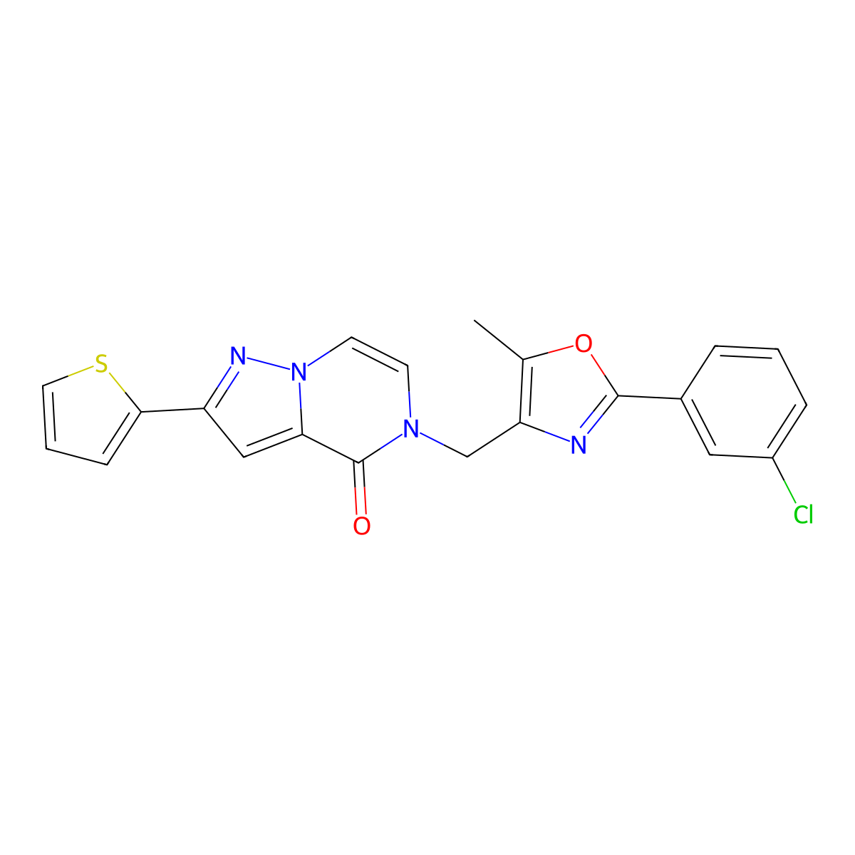 5-((2-(3-chlorophenyl)-5-methyloxazol-4-yl)methyl)-2-(thiophen-2-yl)pyrazolo[1,5-a]pyrazin-4(5H)-one molecular structure, CAS 1359215-32-9