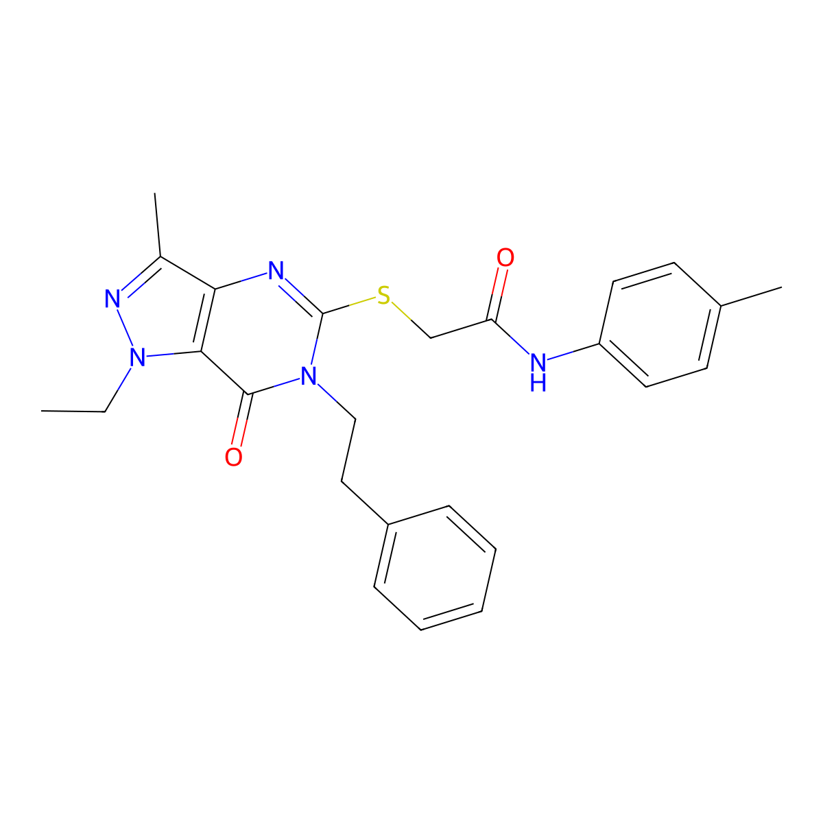 2-{[1-ethyl-3-methyl-7-oxo-6-(2-phenylethyl)-1H,6H,7H-pyrazolo[4,3-d]pyrimidin-5-yl]sulfanyl}-N-(4-methylphenyl)acetamide molecular structure, CAS 1359217-01-8