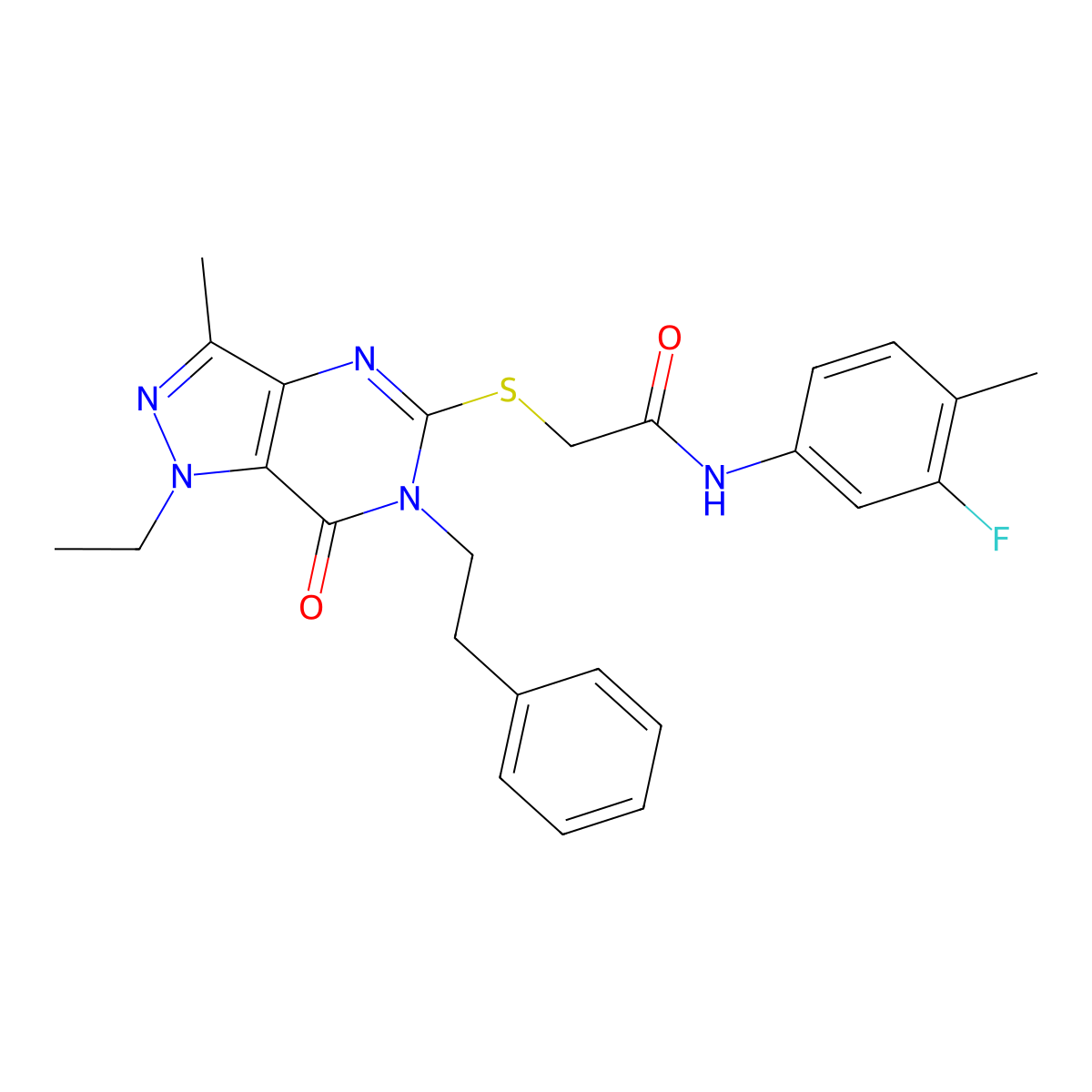 2-((1-ethyl-3-methyl-7-oxo-6-phenethyl-6,7-dihydro-1H-pyrazolo[4,3-d]pyrimidin-5-yl)thio)-N-(3-fluoro-4-methylphenyl)acetamide molecular structure, CAS 1359217-11-0