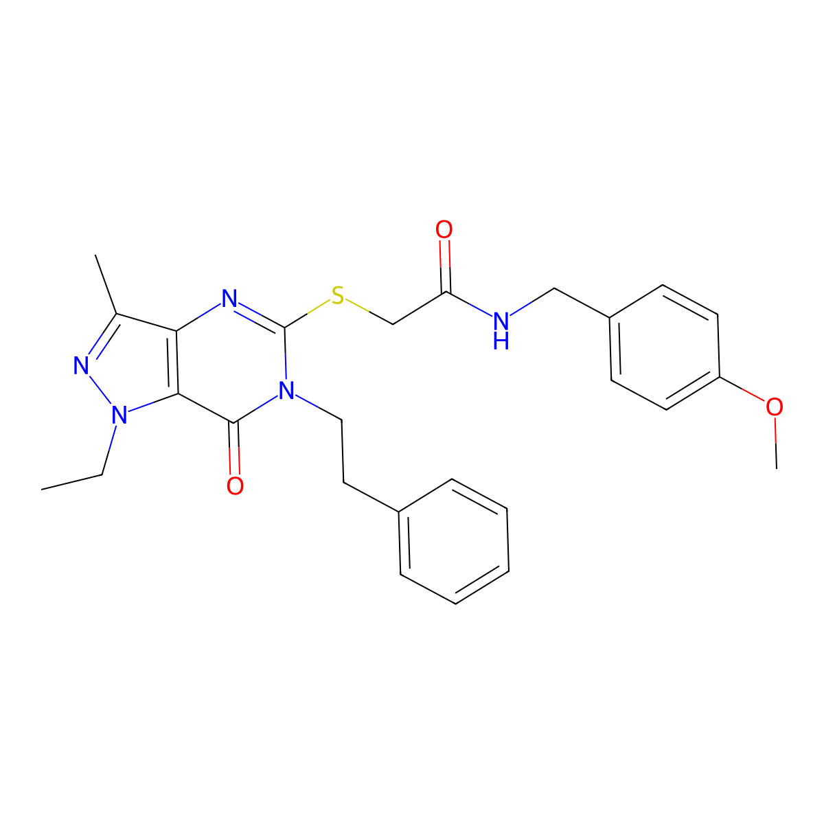 2-{[1-ethyl-3-methyl-7-oxo-6-(2-phenylethyl)-1H,6H,7H-pyrazolo[4,3-d]pyrimidin-5-yl]sulfanyl}-N-[(4-methoxyphenyl)methyl]acetamide molecular structure, CAS 1359217-22-3