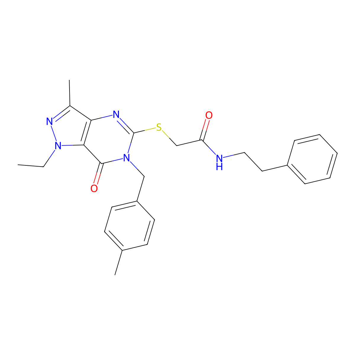 2-({1-ethyl-3-methyl-6-[(4-methylphenyl)methyl]-7-oxo-1H,6H,7H-pyrazolo[4,3-d]pyrimidin-5-yl}sulfanyl)-N-(2-phenylethyl)acetamide molecular structure, CAS 1359217-49-4
