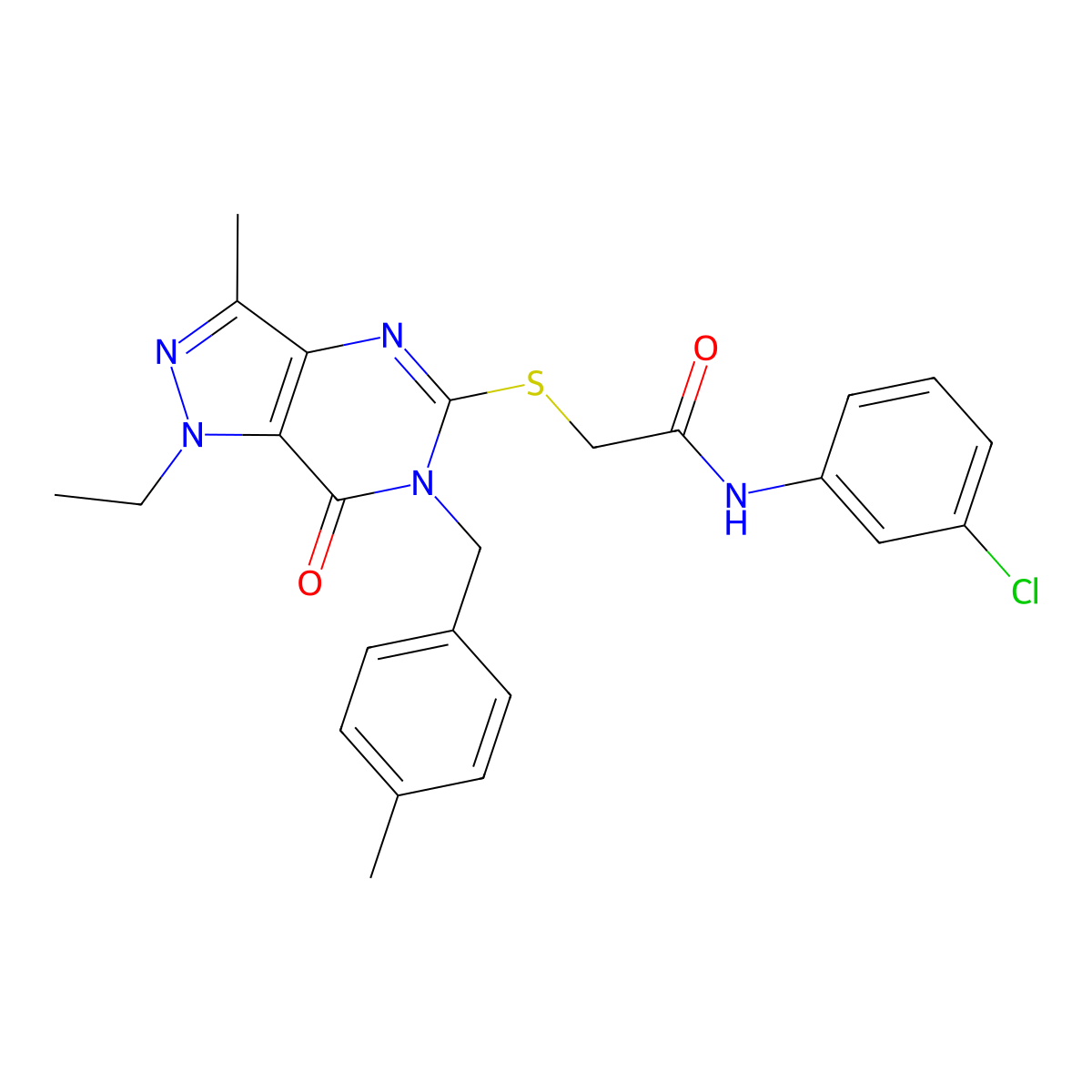 N-(3-chlorophenyl)-2-((1-ethyl-3-methyl-6-(4-methylbenzyl)-7-oxo-6,7-dihydro-1H-pyrazolo[4,3-d]pyrimidin-5-yl)thio)acetamide molecular structure, CAS 1359217-62-1