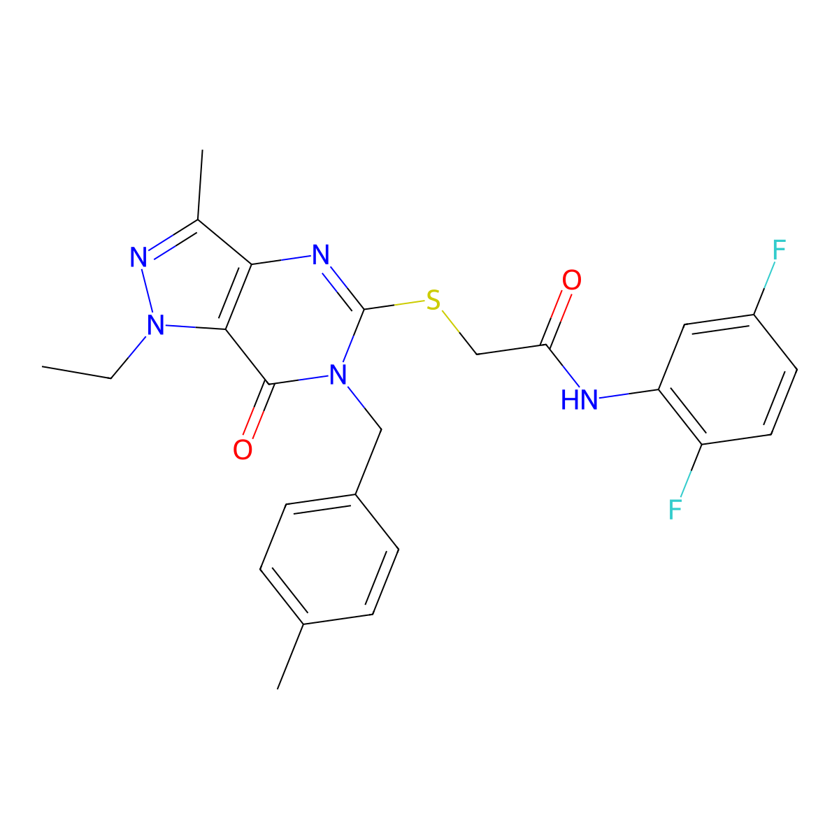 N-(2,5-difluorophenyl)-2-({1-ethyl-3-methyl-6-[(4-methylphenyl)methyl]-7-oxo-1H,6H,7H-pyrazolo[4,3-d]pyrimidin-5-yl}sulfanyl)acetamide molecular structure, CAS 1359217-73-4