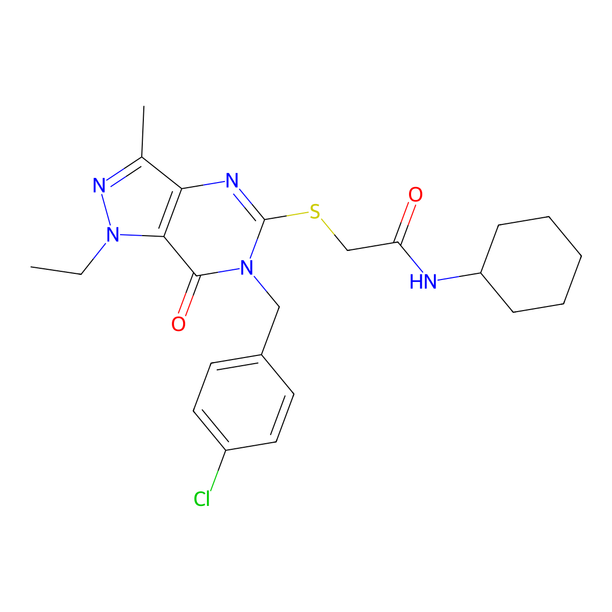 2-({6-[(4-chlorophenyl)methyl]-1-ethyl-3-methyl-7-oxo-1H,6H,7H-pyrazolo[4,3-d]pyrimidin-5-yl}sulfanyl)-N-cyclohexylacetamide molecular structure, CAS 1359217-88-1