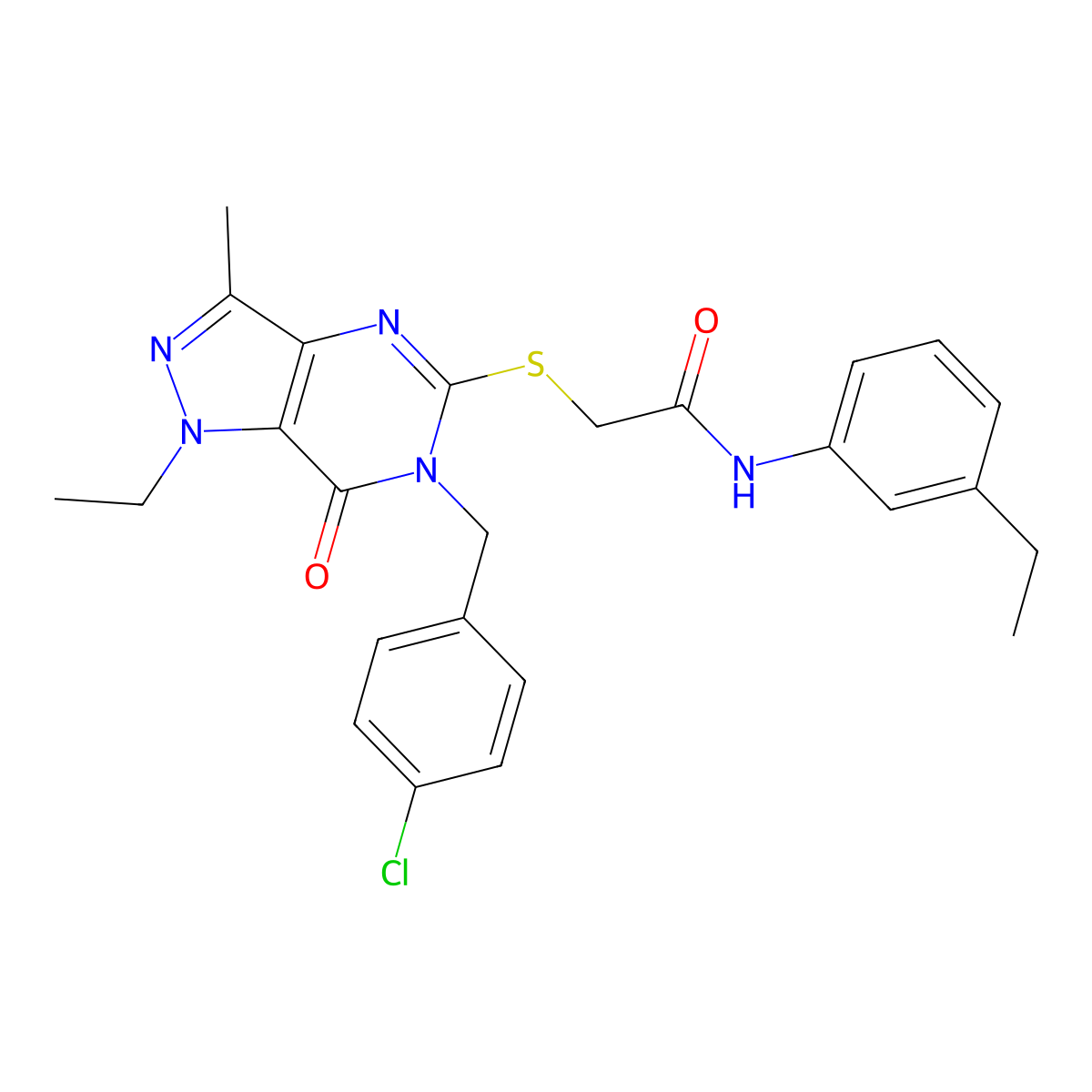 2-({6-[(4-chlorophenyl)methyl]-1-ethyl-3-methyl-7-oxo-1H,6H,7H-pyrazolo[4,3-d]pyrimidin-5-yl}sulfanyl)-N-(3-ethylphenyl)acetamide molecular structure, CAS 1359217-96-1