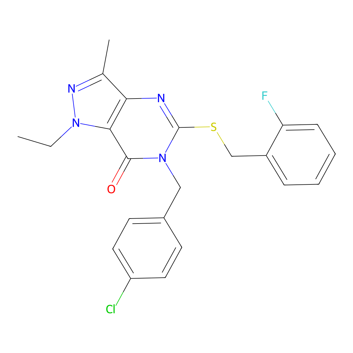 6-[(4-chlorophenyl)methyl]-1-ethyl-5-{[(2-fluorophenyl)methyl]sulfanyl}-3-methyl-1H,6H,7H-pyrazolo[4,3-d]pyrimidin-7-one molecular structure, CAS 1359218-04-4