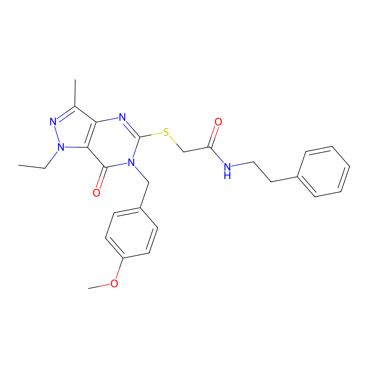 2-((1-ethyl-6-(4-methoxybenzyl)-3-methyl-7-oxo-6,7-dihydro-1H-pyrazolo[4,3-d]pyrimidin-5-yl)thio)-N-phenethylacetamide molecular structure, CAS 1359218-11-3