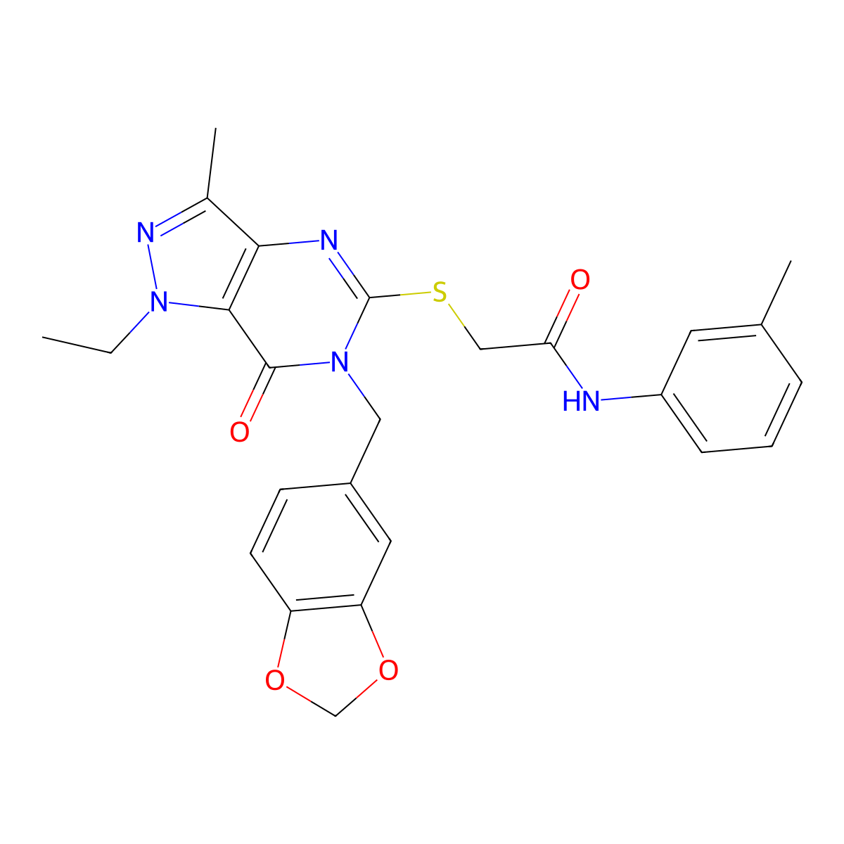 2-((6-(benzo[d][1,3]dioxol-5-ylmethyl)-1-ethyl-3-methyl-7-oxo-6,7-dihydro-1H-pyrazolo[4,3-d]pyrimidin-5-yl)thio)-N-(m-tolyl)acetamide molecular structure, CAS 1359218-28-2