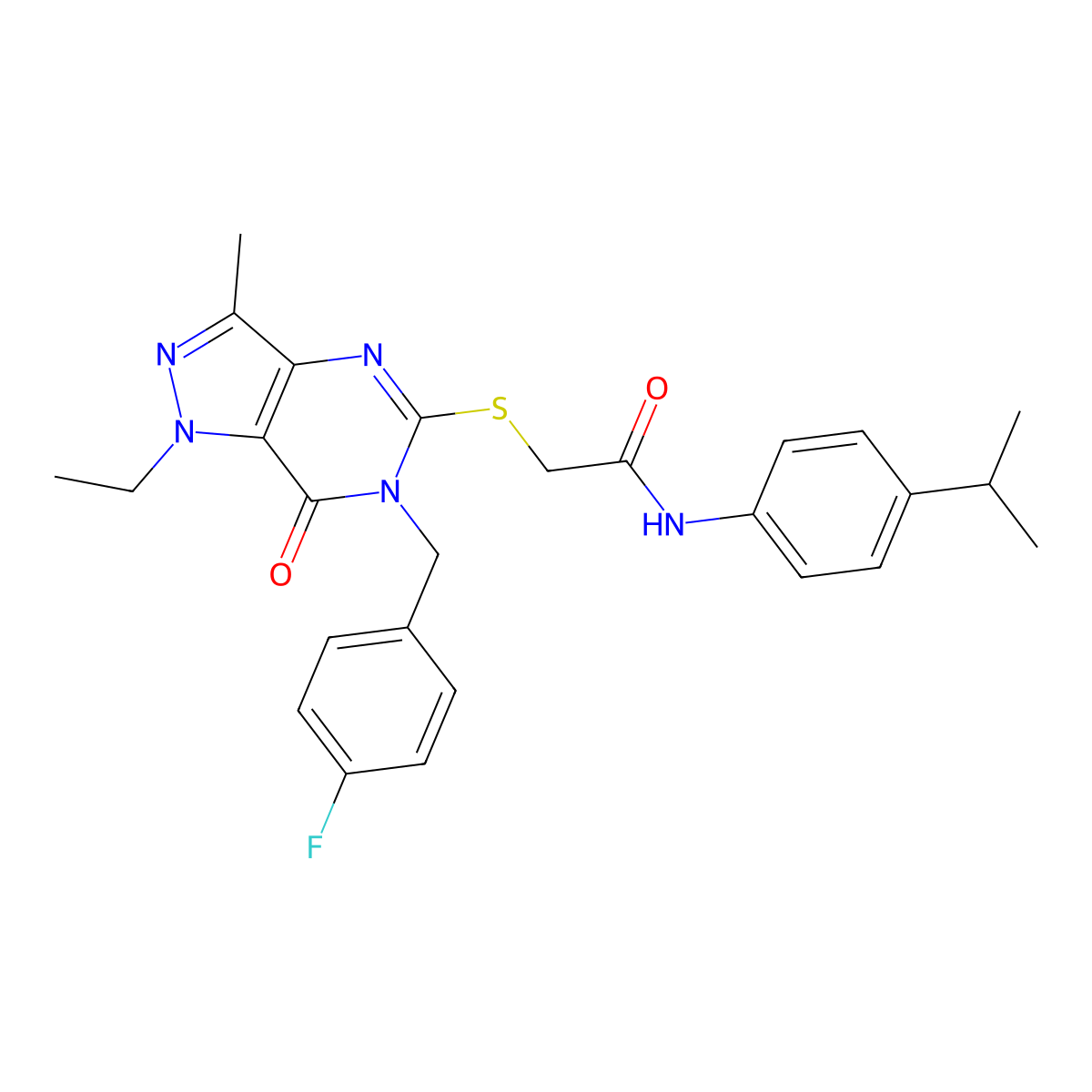 2-((1-ethyl-6-(4-fluorobenzyl)-3-methyl-7-oxo-6,7-dihydro-1H-pyrazolo[4,3-d]pyrimidin-5-yl)thio)-N-(4-isopropylphenyl)acetamide molecular structure, CAS 1359218-41-9