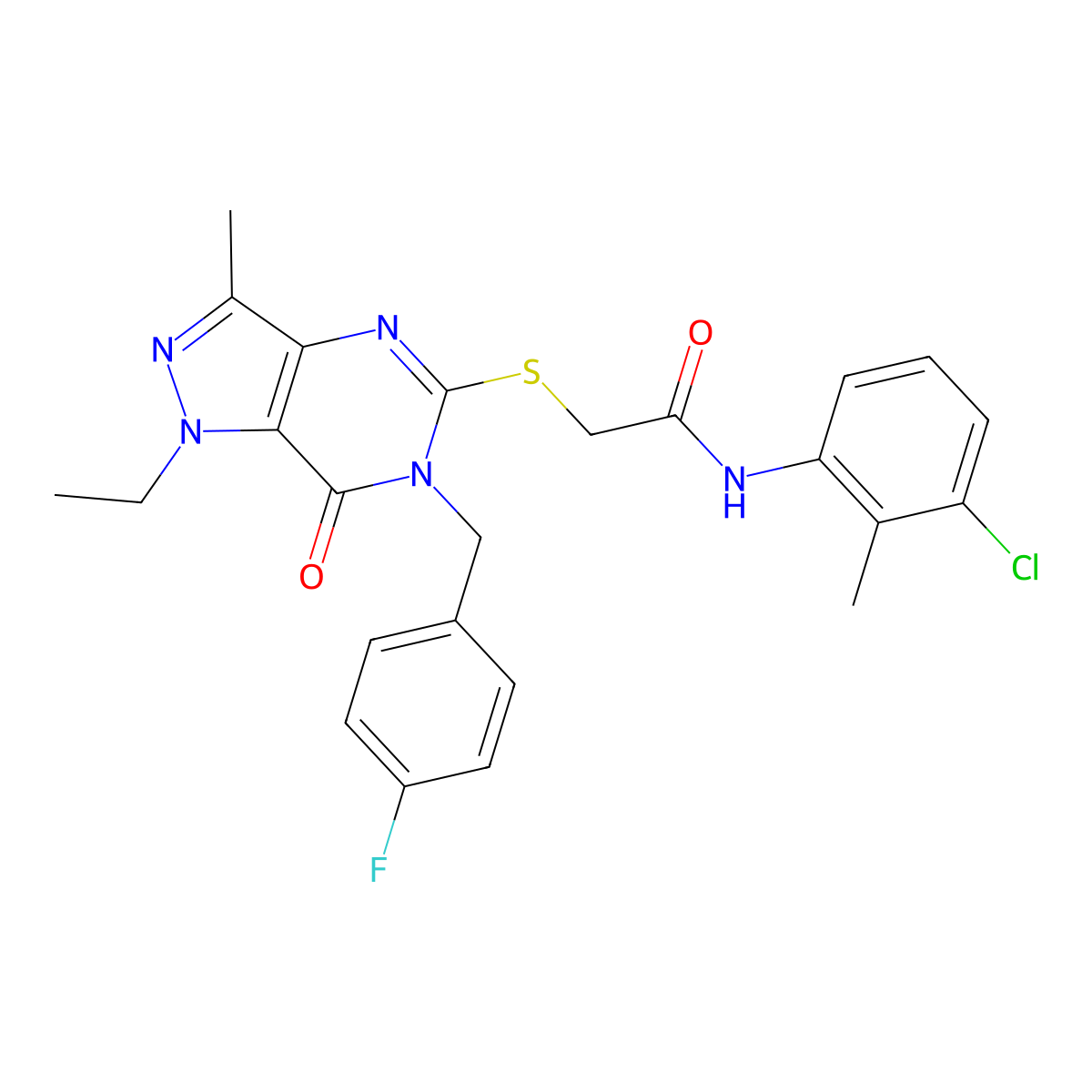 N-(3-chloro-2-methylphenyl)-2-((1-ethyl-6-(4-fluorobenzyl)-3-methyl-7-oxo-6,7-dihydro-1H-pyrazolo[4,3-d]pyrimidin-5-yl)thio)acetamide molecular structure, CAS 1359218-46-4
