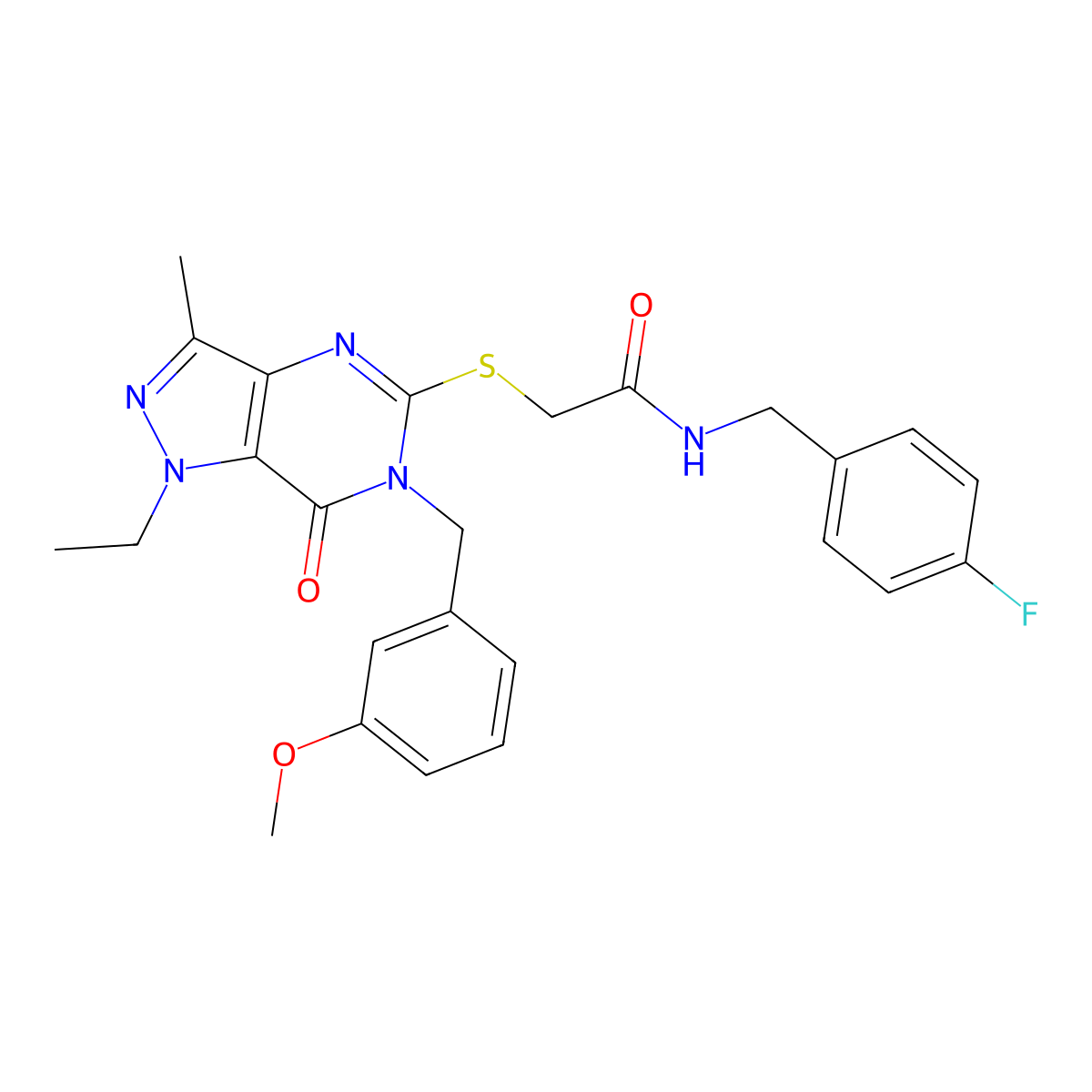 2-((1-ethyl-6-(3-methoxybenzyl)-3-methyl-7-oxo-6,7-dihydro-1H-pyrazolo[4,3-d]pyrimidin-5-yl)thio)-N-(4-fluorobenzyl)acetamide molecular structure, CAS 1359218-73-7