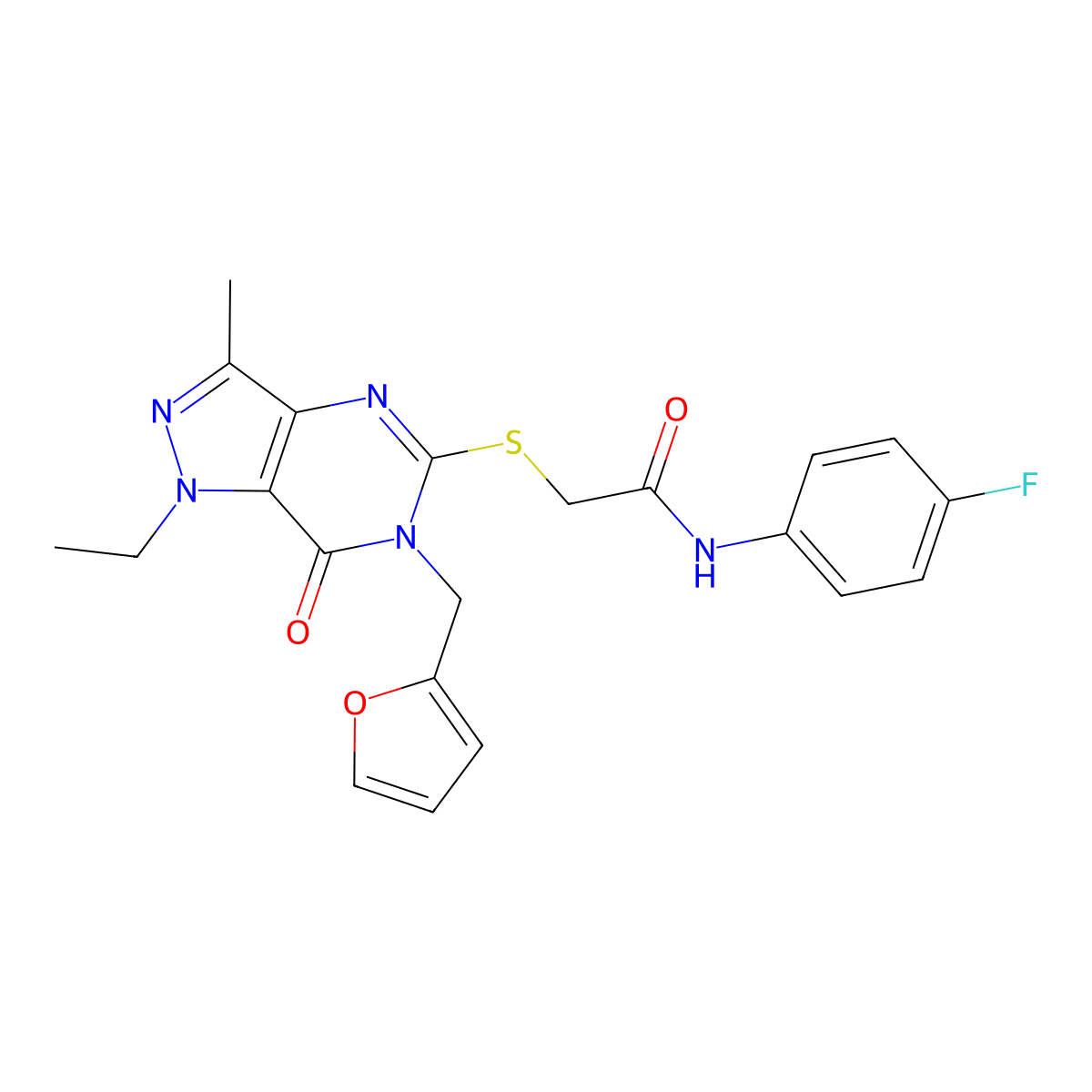 2-((1-ethyl-6-(furan-2-ylmethyl)-3-methyl-7-oxo-6,7-dihydro-1H-pyrazolo[4,3-d]pyrimidin-5-yl)thio)-N-(4-fluorophenyl)acetamide molecular structure, CAS 1359218-91-9