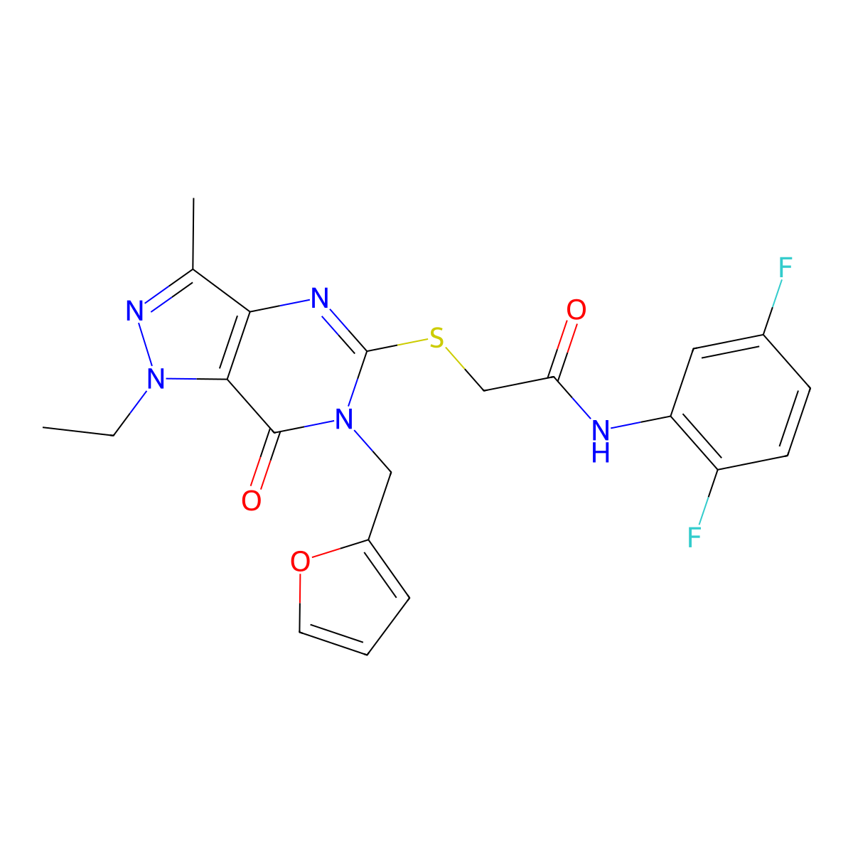N-(2,5-difluorophenyl)-2-((1-ethyl-6-(furan-2-ylmethyl)-3-methyl-7-oxo-6,7-dihydro-1H-pyrazolo[4,3-d]pyrimidin-5-yl)thio)acetamide molecular structure, CAS 1359218-96-4