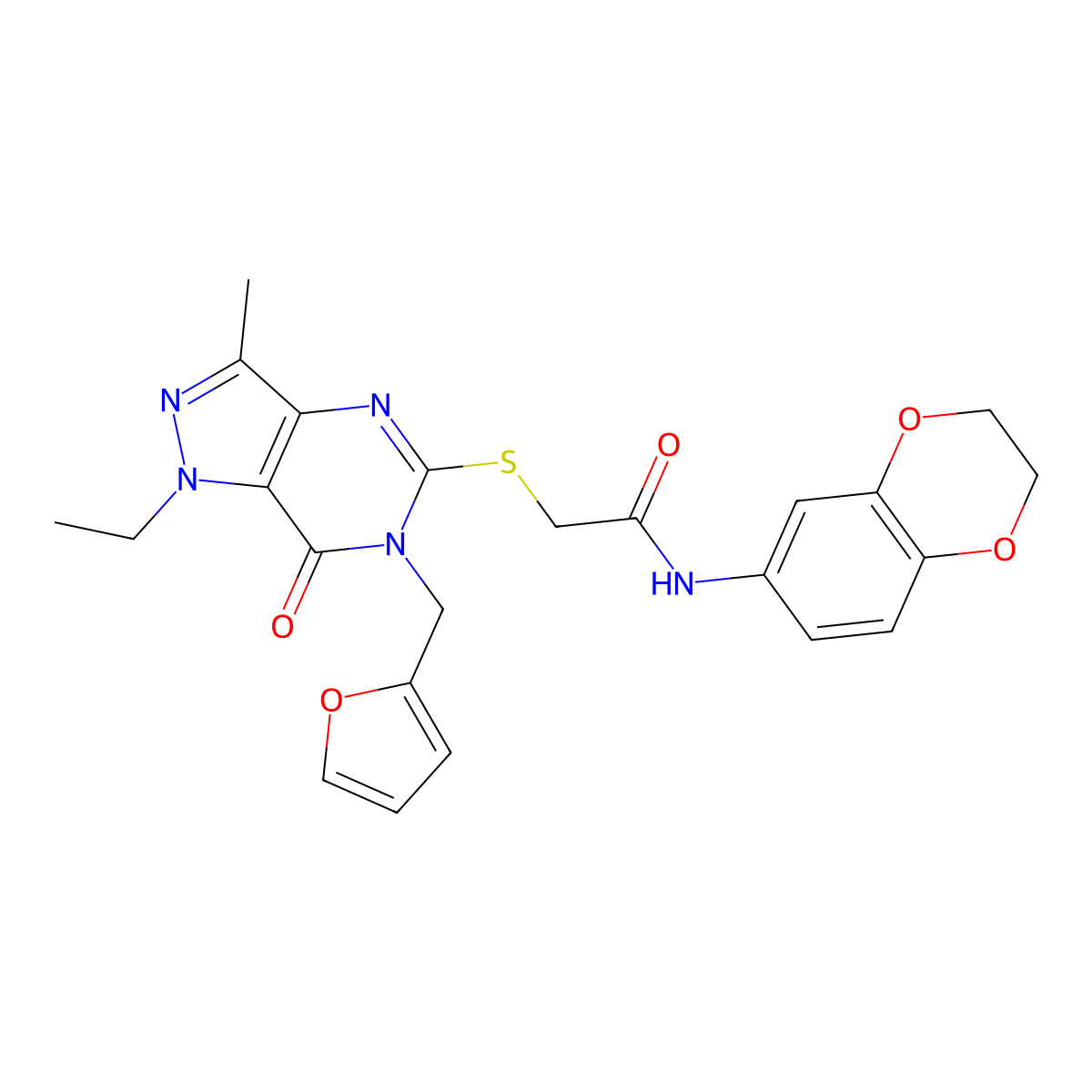 N-(2,3-dihydrobenzo[b][1,4]dioxin-6-yl)-2-((1-ethyl-6-(furan-2-ylmethyl)-3-methyl-7-oxo-6,7-dihydro-1H-pyrazolo[4,3-d]pyrimidin-5-yl)thio)acetamide molecular structure, CAS 1359219-01-4
