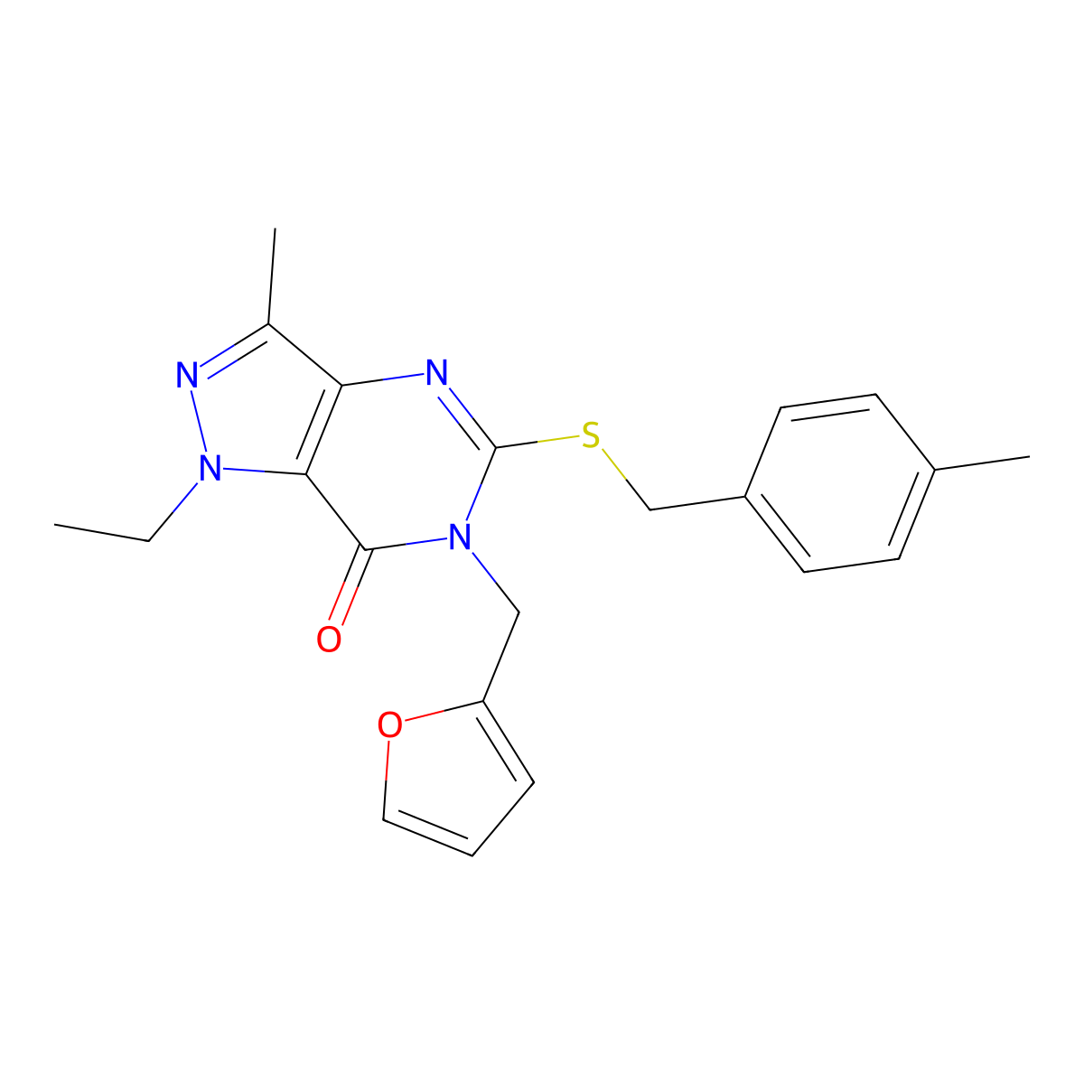 1-ethyl-6-[(furan-2-yl)methyl]-3-methyl-5-{[(4-methylphenyl)methyl]sulfanyl}-1H,6H,7H-pyrazolo[4,3-d]pyrimidin-7-one molecular structure, CAS 1359219-17-2