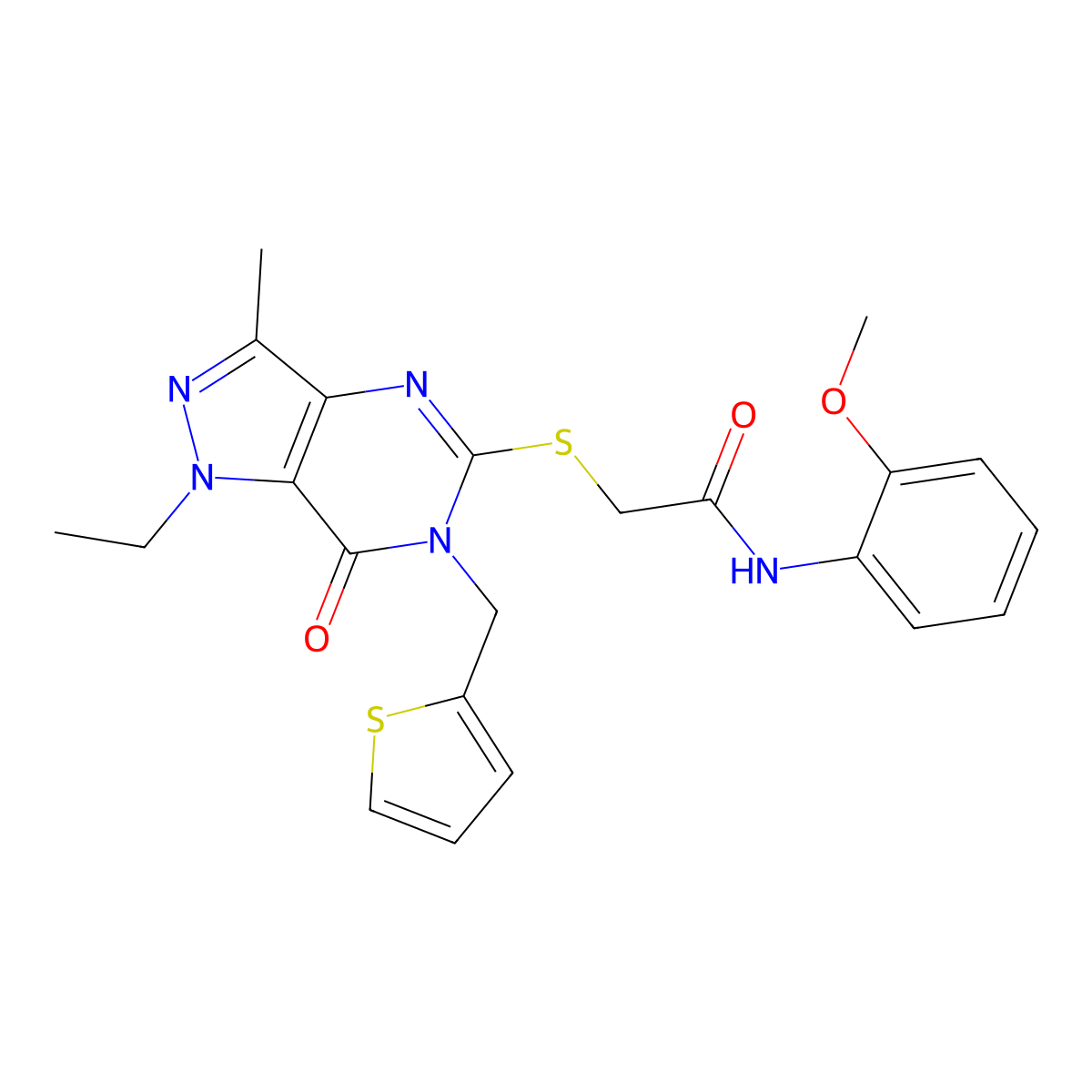 2-((1-ethyl-3-methyl-7-oxo-6-(thiophen-2-ylmethyl)-6,7-dihydro-1H-pyrazolo[4,3-d]pyrimidin-5-yl)thio)-N-(2-methoxyphenyl)acetamide molecular structure, CAS 1359219-20-7