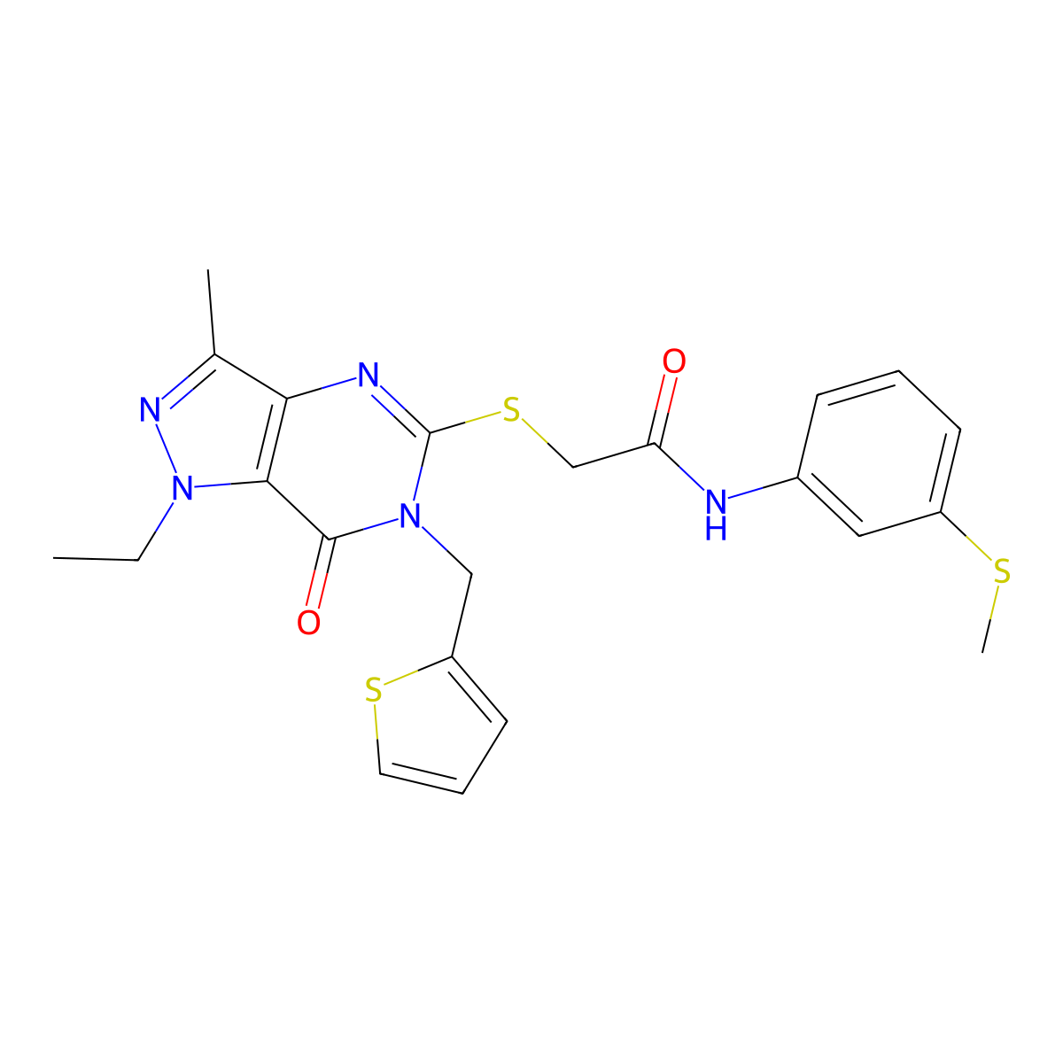 2-((1-ethyl-3-methyl-7-oxo-6-(thiophen-2-ylmethyl)-6,7-dihydro-1H-pyrazolo[4,3-d]pyrimidin-5-yl)thio)-N-(3-(methylthio)phenyl)acetamide molecular structure, CAS 1359219-30-9