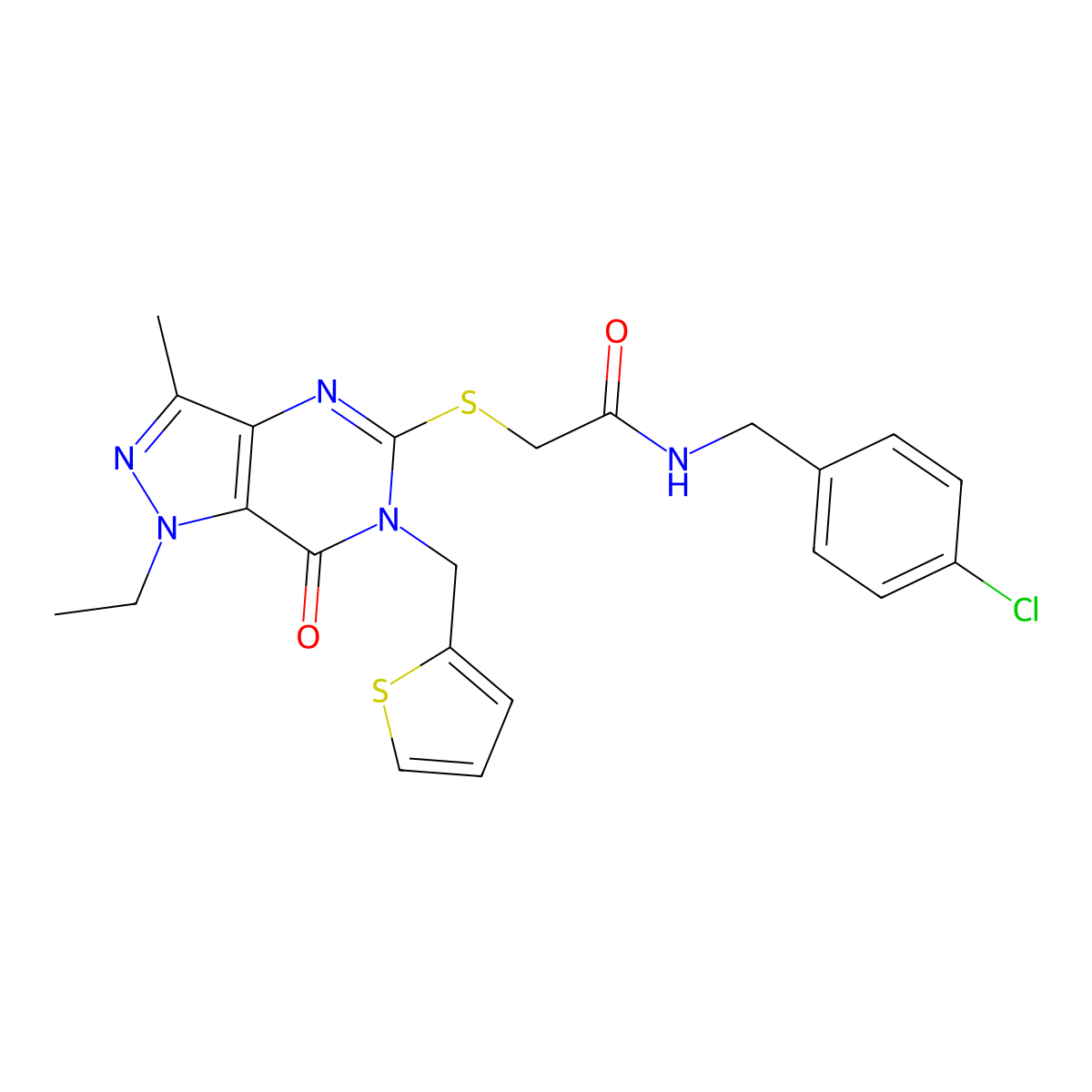 N-[(4-chlorophenyl)methyl]-2-({1-ethyl-3-methyl-7-oxo-6-[(thiophen-2-yl)methyl]-1H,6H,7H-pyrazolo[4,3-d]pyrimidin-5-yl}sulfanyl)acetamide molecular structure, CAS 1359219-41-2