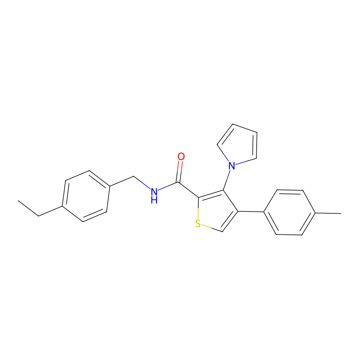 N-(4-ethylbenzyl)-3-(1H-pyrrol-1-yl)-4-(p-tolyl)thiophene-2-carboxamide molecular structure, CAS 1359220-79-3