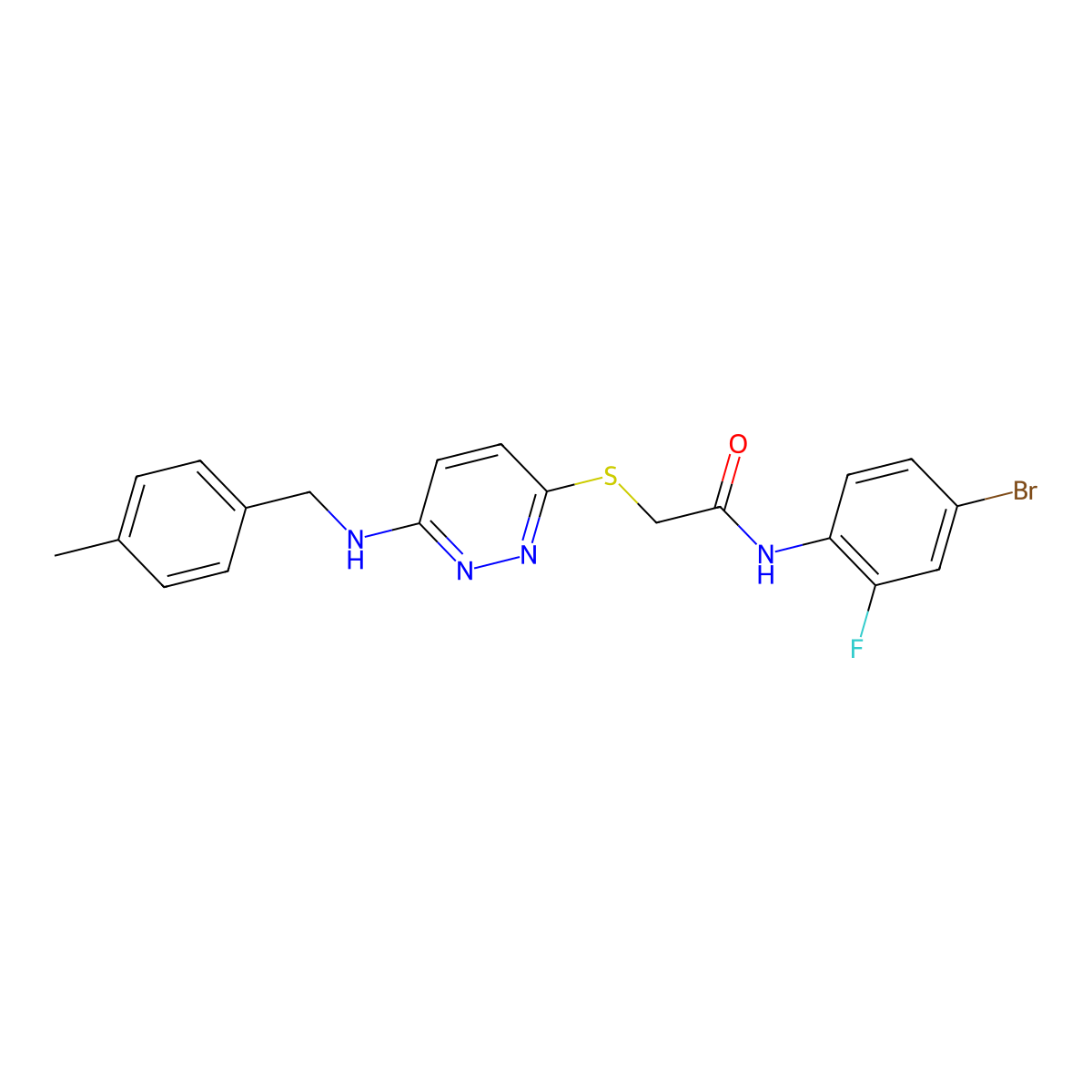 N-(4-Bromo-2-fluorophenyl)-2-[(6-{[(4-methylphenyl)methyl]amino}pyridazin-3-YL)sulfanyl]acetamide molecular structure, CAS 1359222-68-6